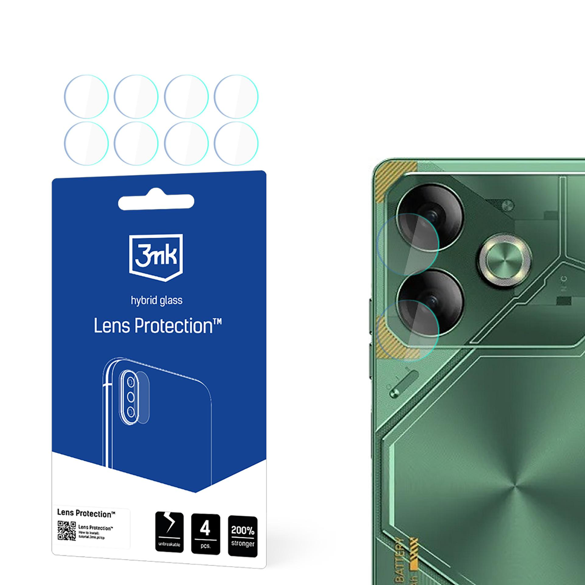 L'immagine mostra un kit di protezione dello schermo, protezioni per lenti e un telefono verde. Il kit contiene 4 protezioni.