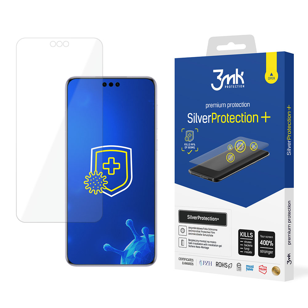 Un proteggi schermo e una scatola. Lo schermo mostra un segno più all'interno di uno scudo. La scatola dice SilverProtection+.