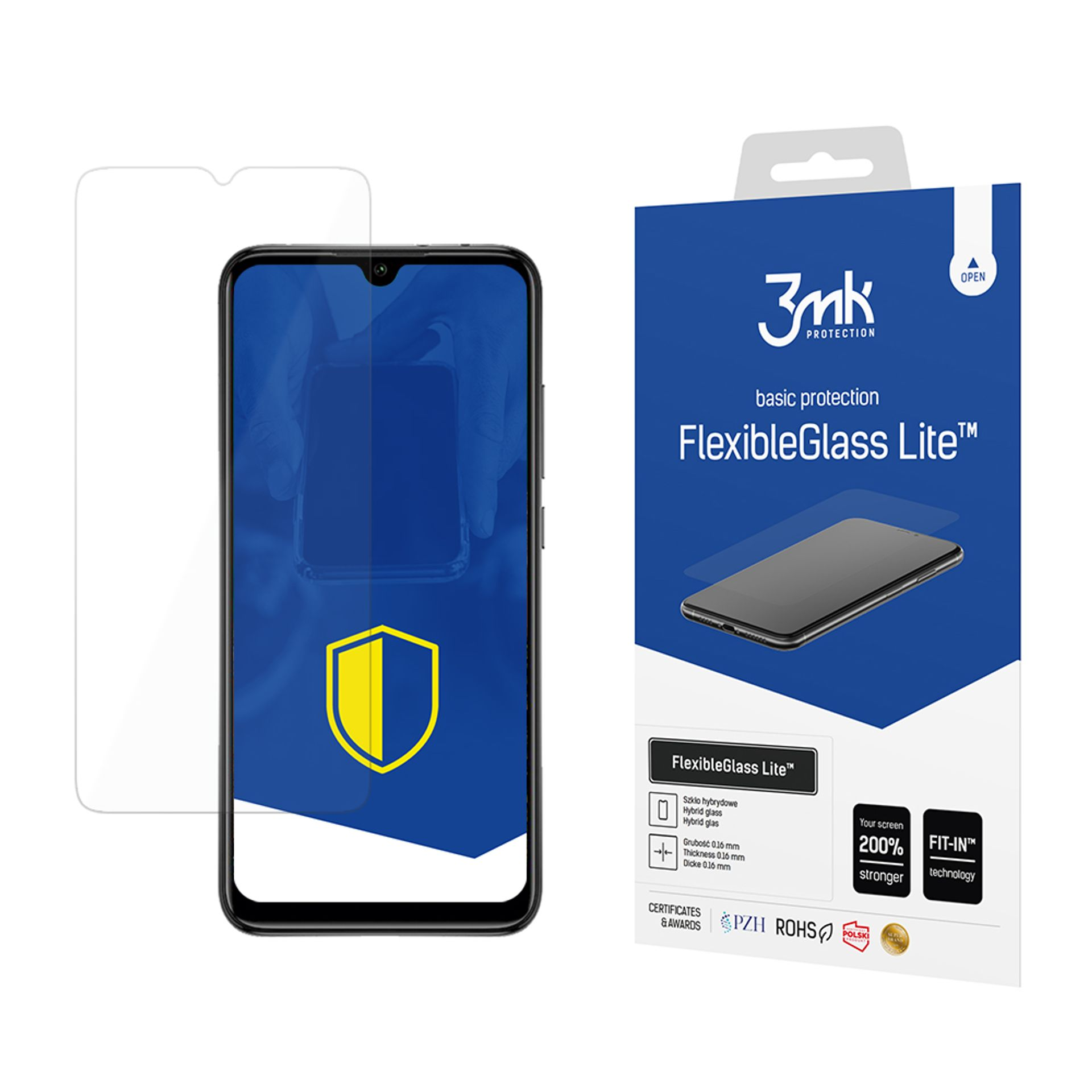 Un telefono con protezione schermo, una scatola con testo 'FlexibleGlass Lite' e una protezione trasparente.
