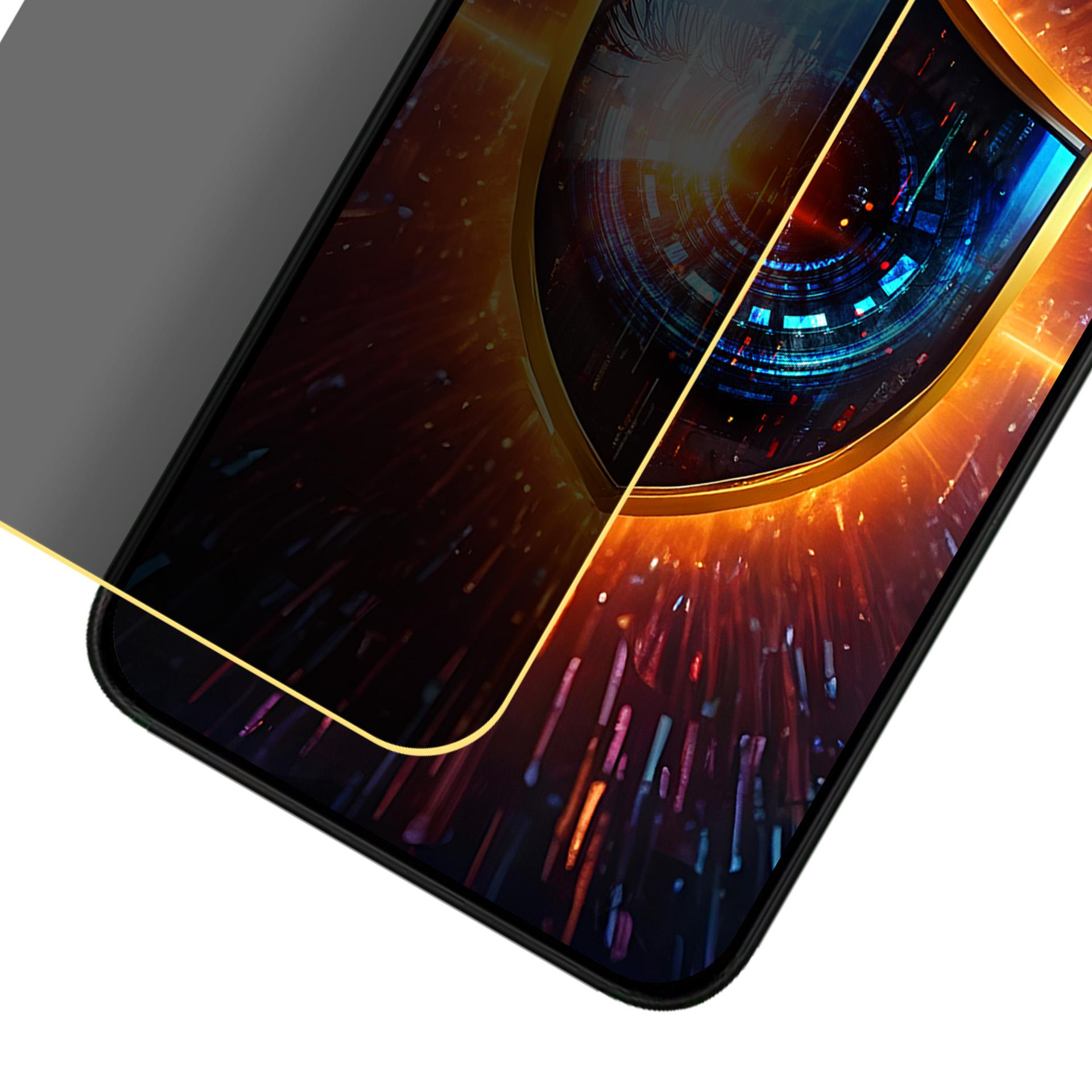 Schermo del telefono con design digitale. Lo schermo è parzialmente coperto da uno schermo privacy grigio.