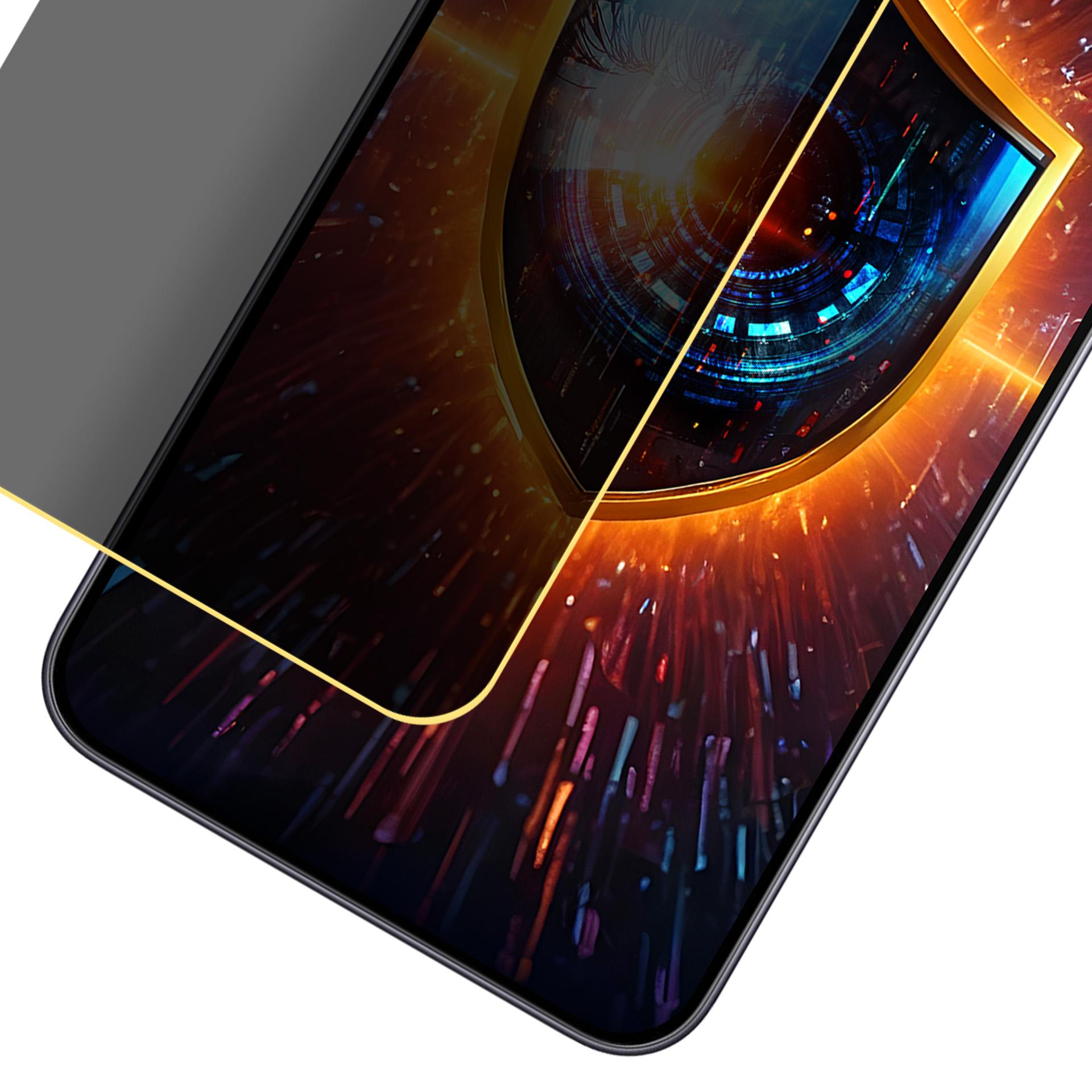 Schermo smartphone con design a scudo, cornice dorata e sfondo astratto con linee radiali e sfondo bianco.