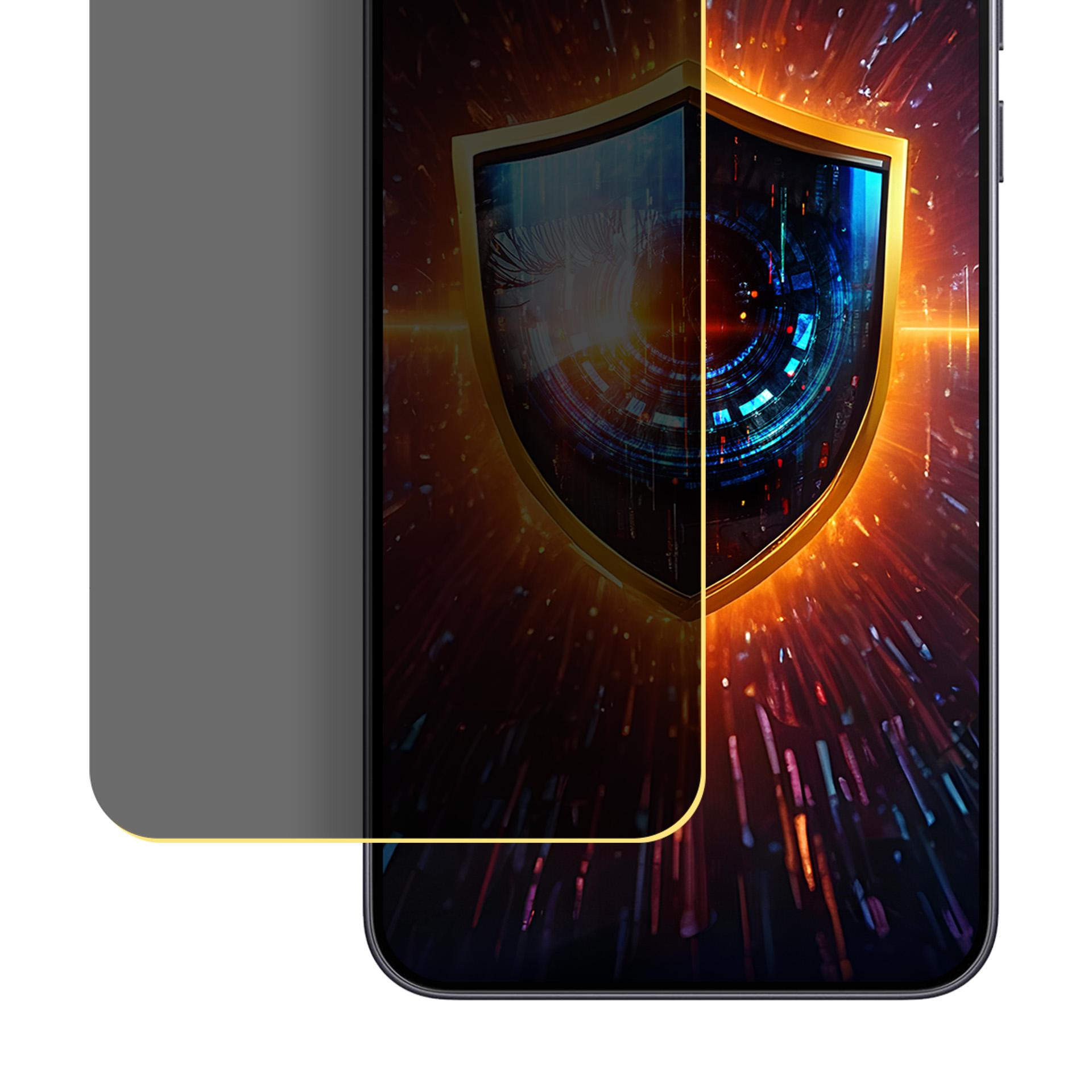 Un proteggi schermo per telefono con una grafica a scudo dorato. Lo schermo mostra un design digitale luminoso. Il proteggi schermo è grigio.
