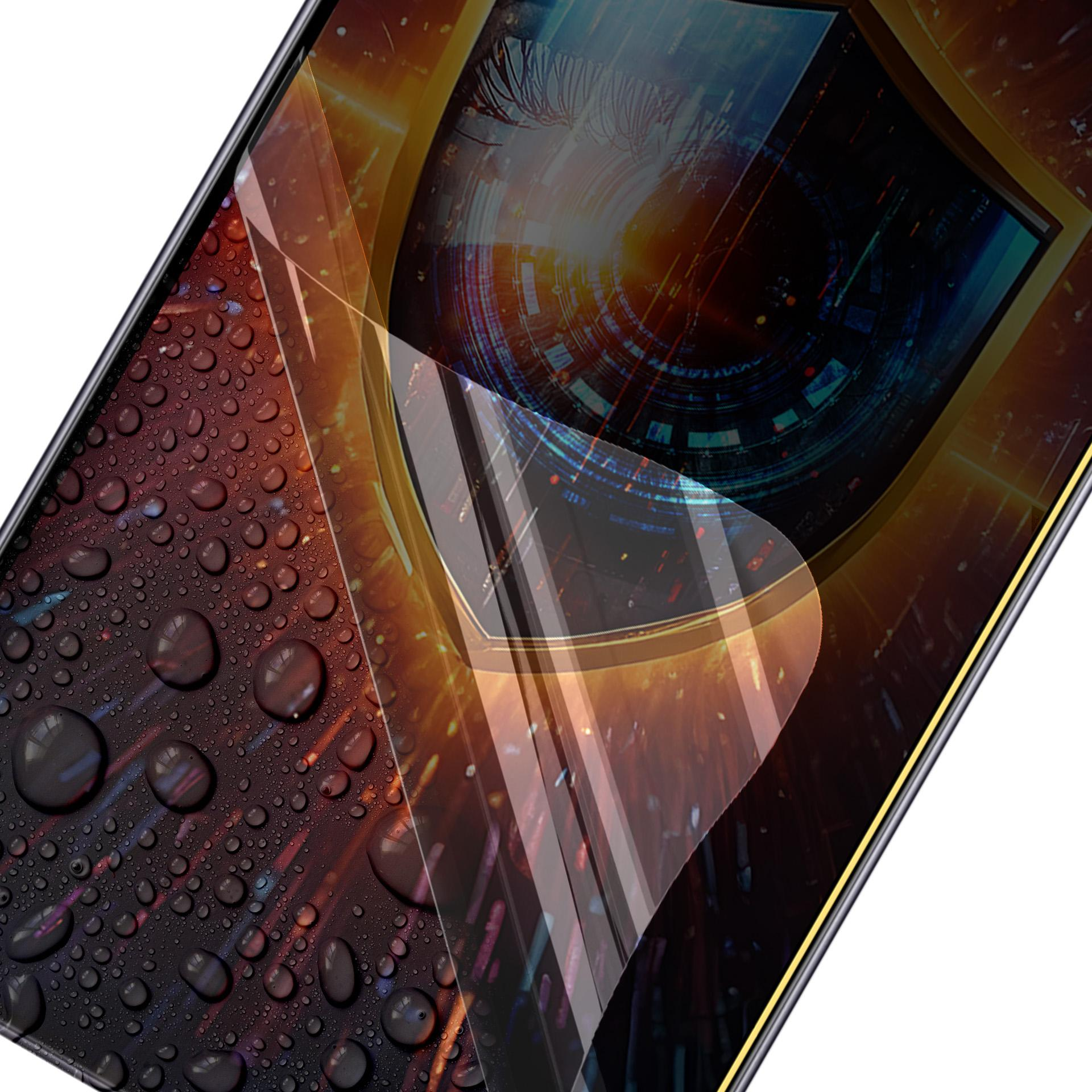 Un proteggi schermo per telefono con gocce d'acqua. Lo schermo mostra un occhio e un design tecnologico futuristico.