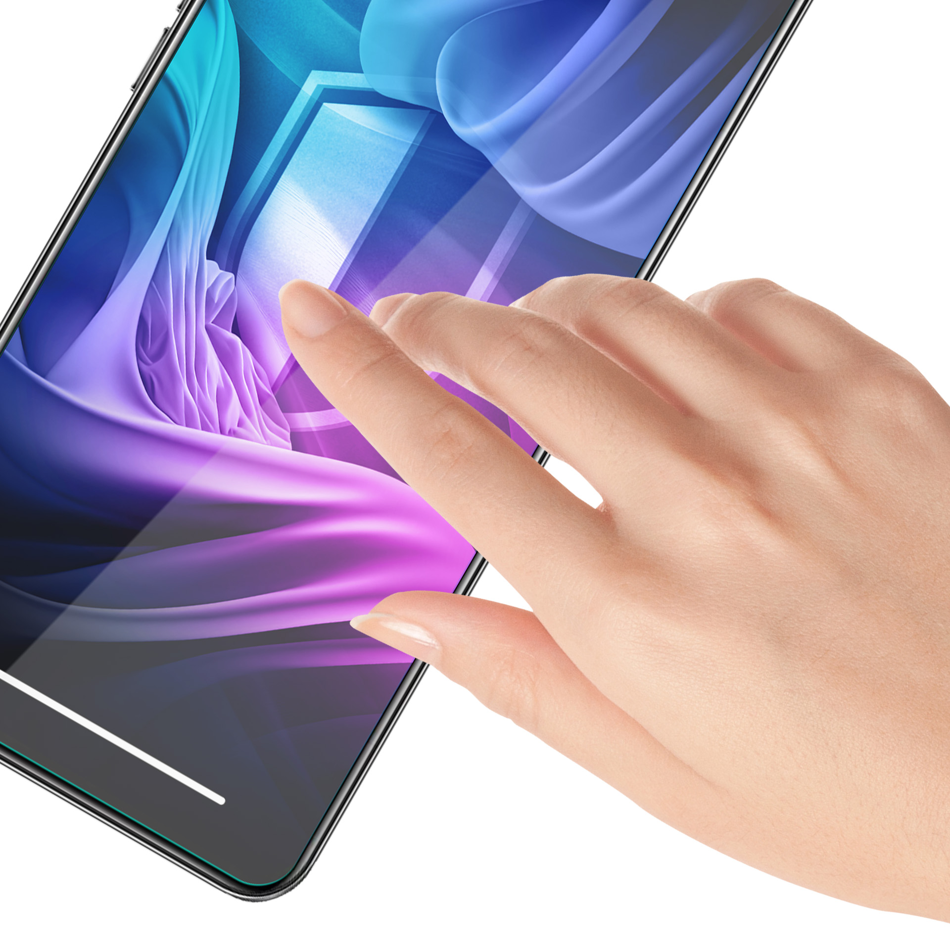 Una mano tocca lo schermo di un telefono. Lo schermo mostra un design astratto blu e viola. Sfondo bianco.