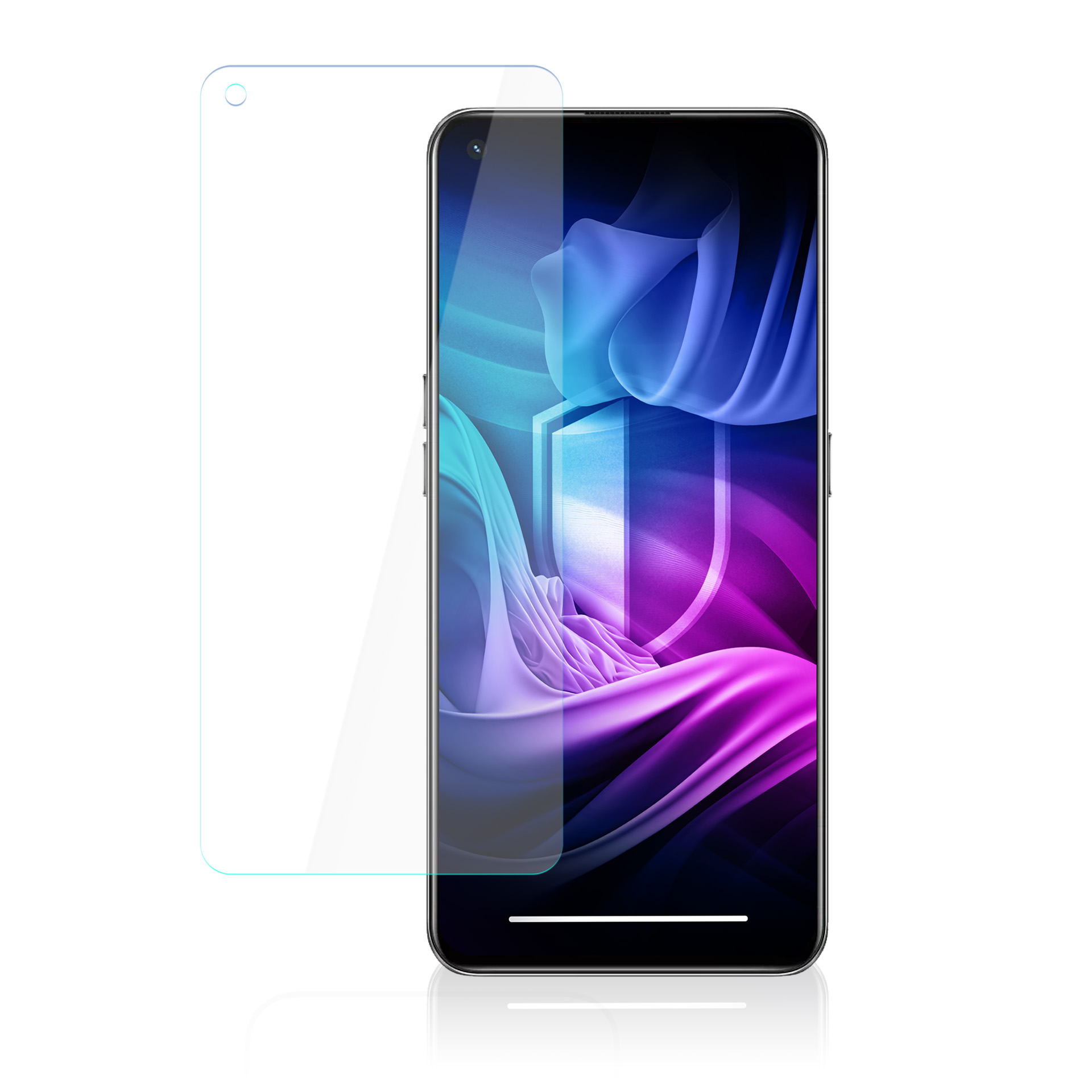 Smartphone con protezione schermo. Il telefono mostra arte astratta con sfumature blu e viola. La protezione è trasparente.