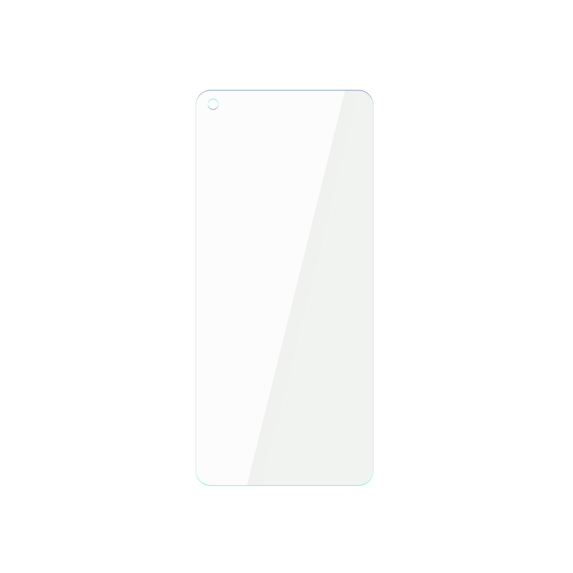 Un proteggi schermo rettangolare per telefono con foro per fotocamera e angoli arrotondati, su sfondo bianco.