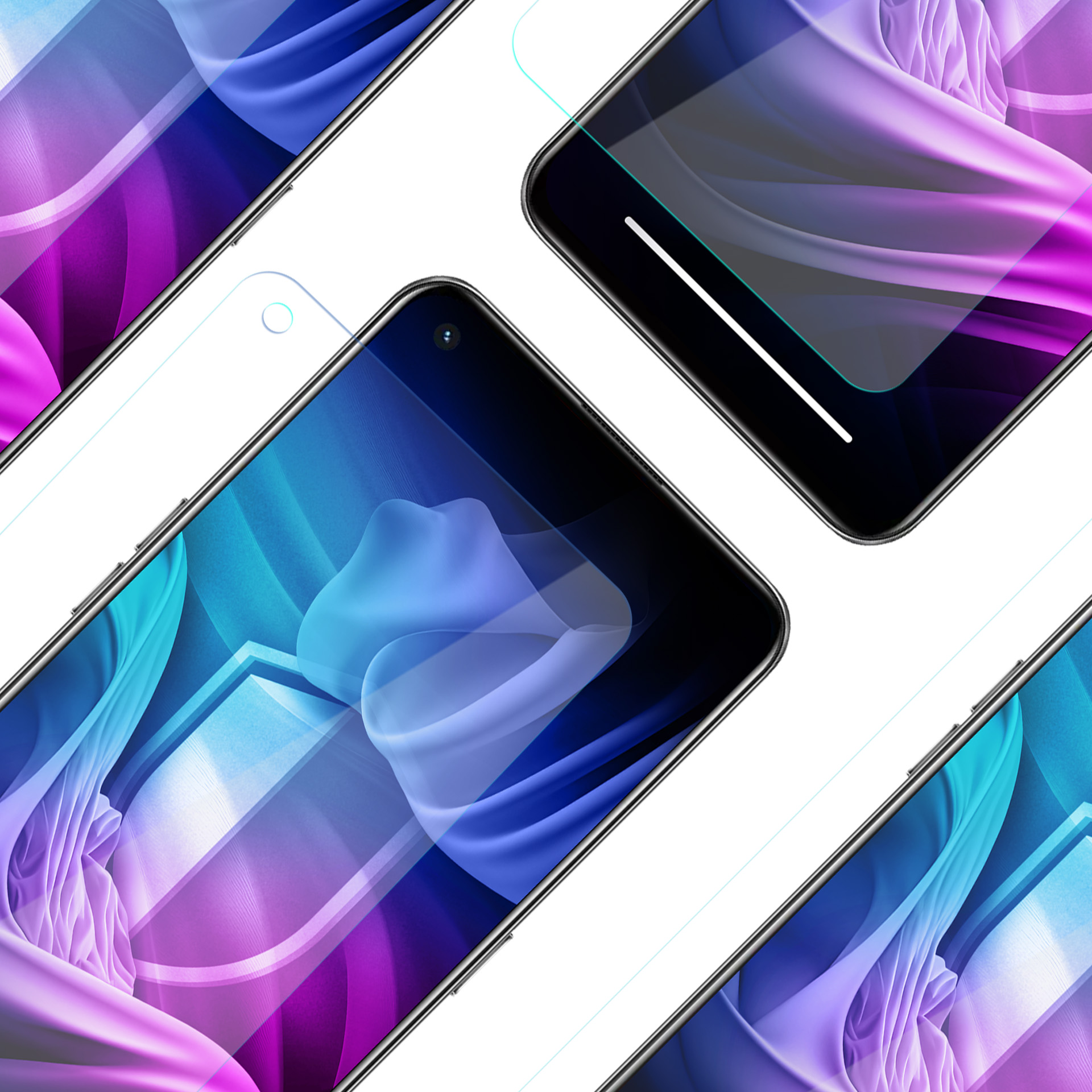 Telefoni con protezioni schermo, sfondo sfumato blu, viola. Forme astratte bianche. Sfondo luminoso e pulito.