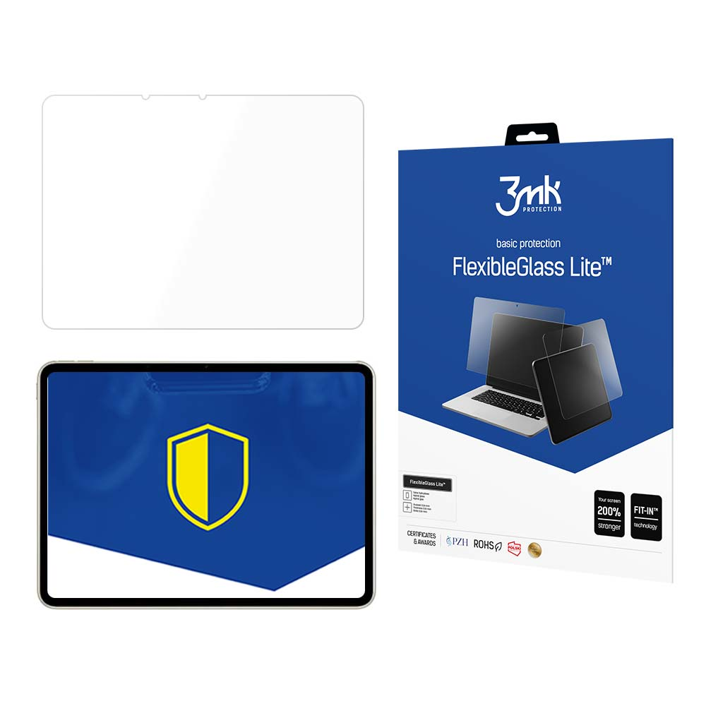 Un proteggi schermo, un tablet con design a scudo giallo e una scatola con immagine di laptop, su sfondo bianco.