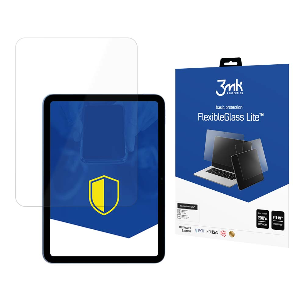 Tablet con protezione schermo, una scatola con FlexibleGlass Lite e un'icona scudo giallo sono visibili.