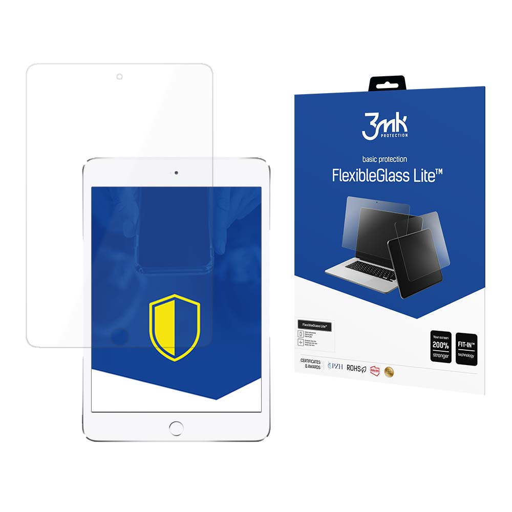Un tablet con protezione schermo, una scatola con il marchio 3mk e il nome del prodotto FlexibleGlass Lite.