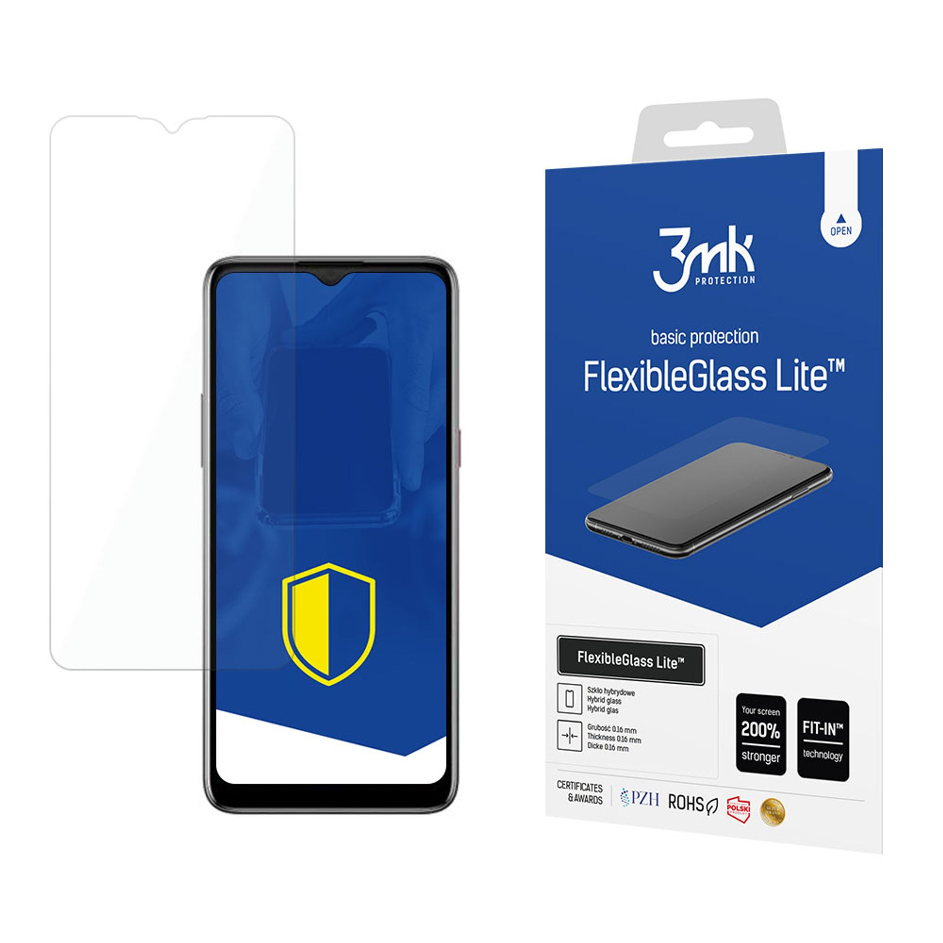 Un telefono e una scatola di protezione dello schermo. La scatola ha il marchio 3mk. Il telefono mostra uno scudo blu con una forma gialla.