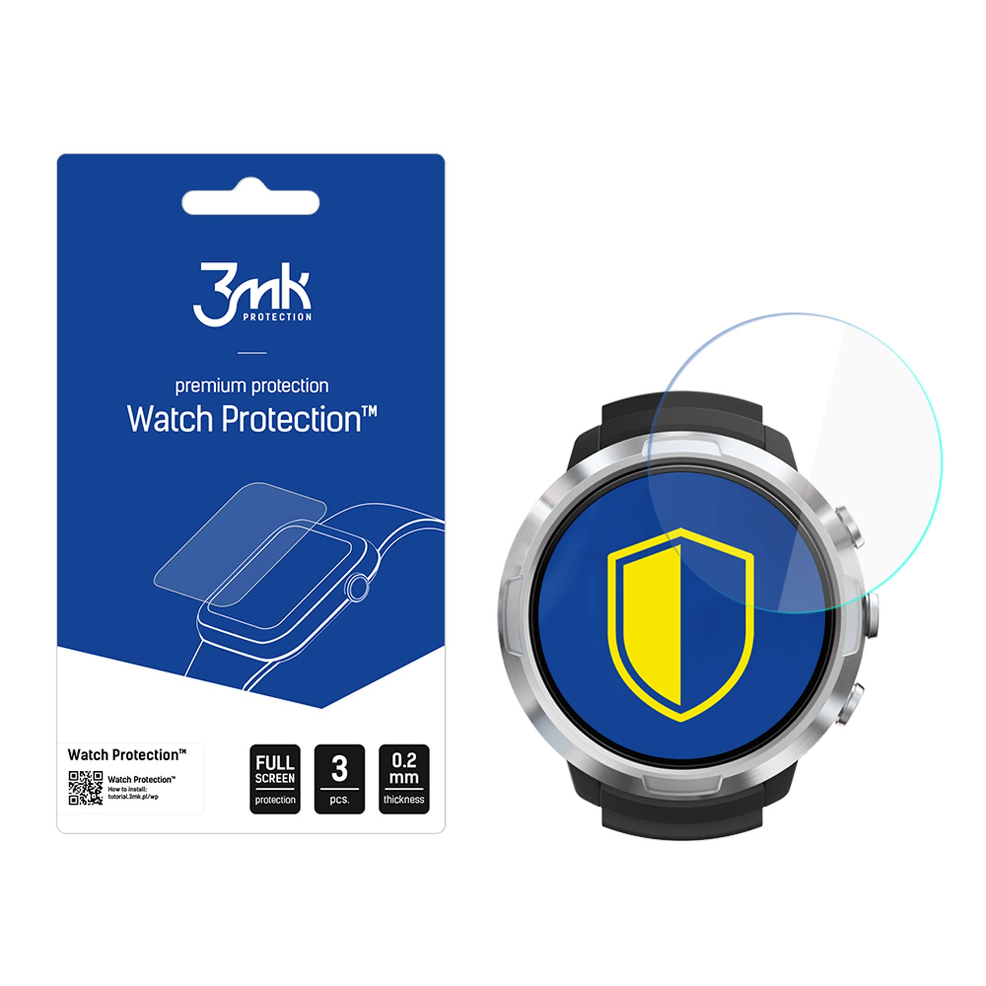 Un orologio e una confezione di protezione dello schermo sono esposti. Il protettore è trasparente e l'orologio ha uno scudo blu.