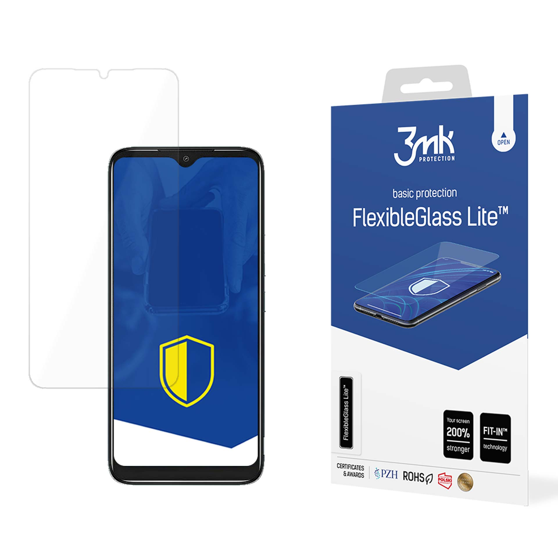 Un telefono con protezione schermo, scatola di FlexibleGlass Lite. Lo schermo del telefono è blu con logo scudo giallo.
