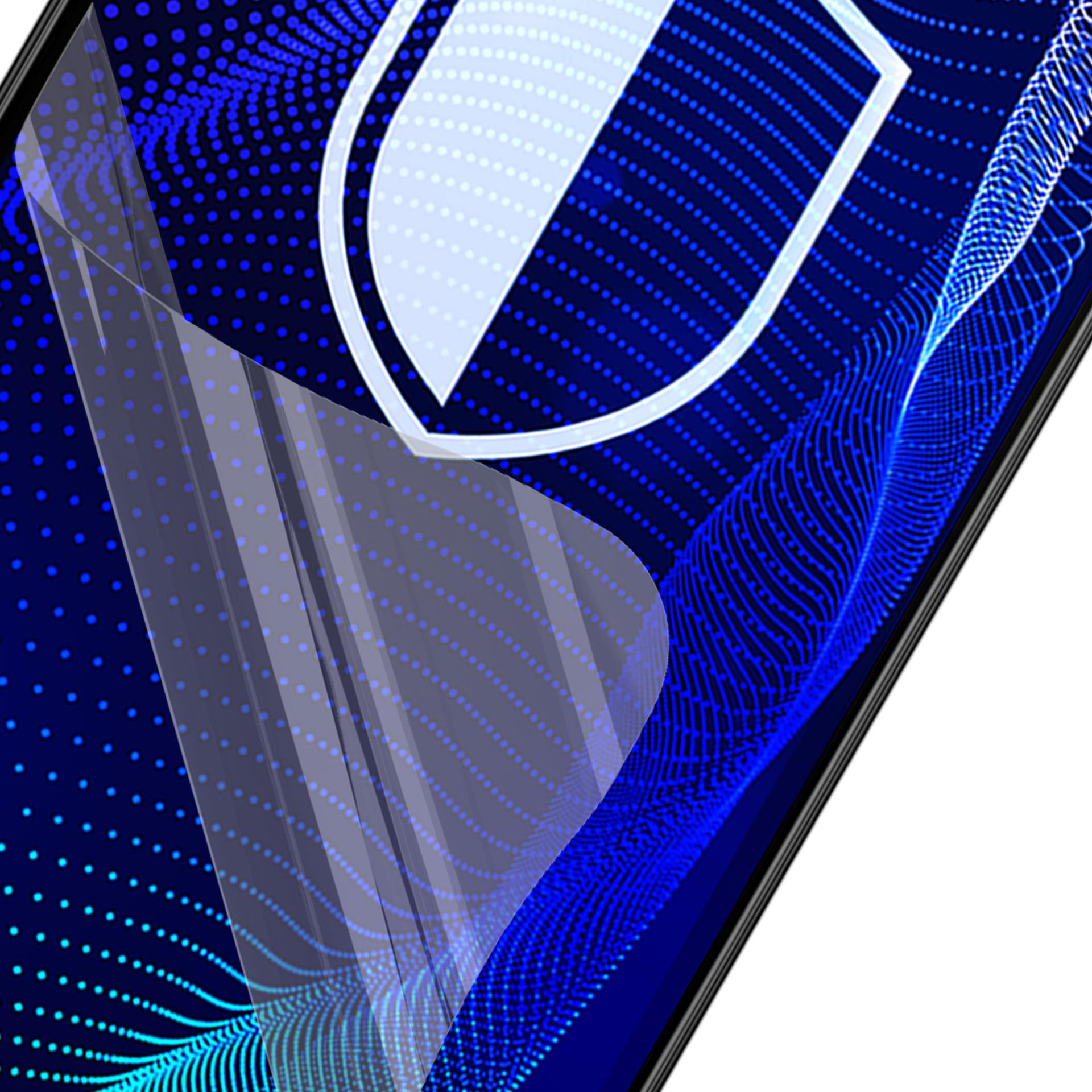 Arte astratta digitale blu con scudo bianco e sovrapposizione trasparente su una forma simile a un telefono.