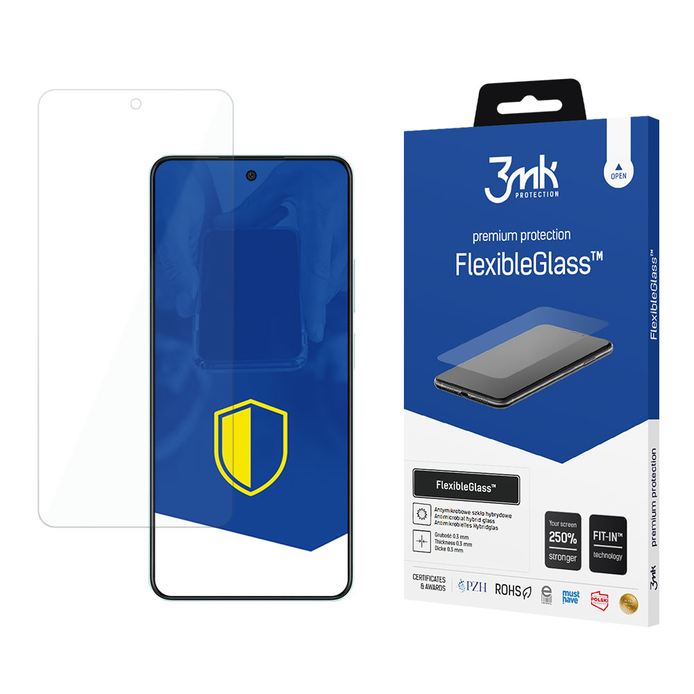 Un proteggi schermo e un telefono sono esposti con una scatola del prodotto. La scatola pubblicizza il prodotto 'FlexibleGlass'.