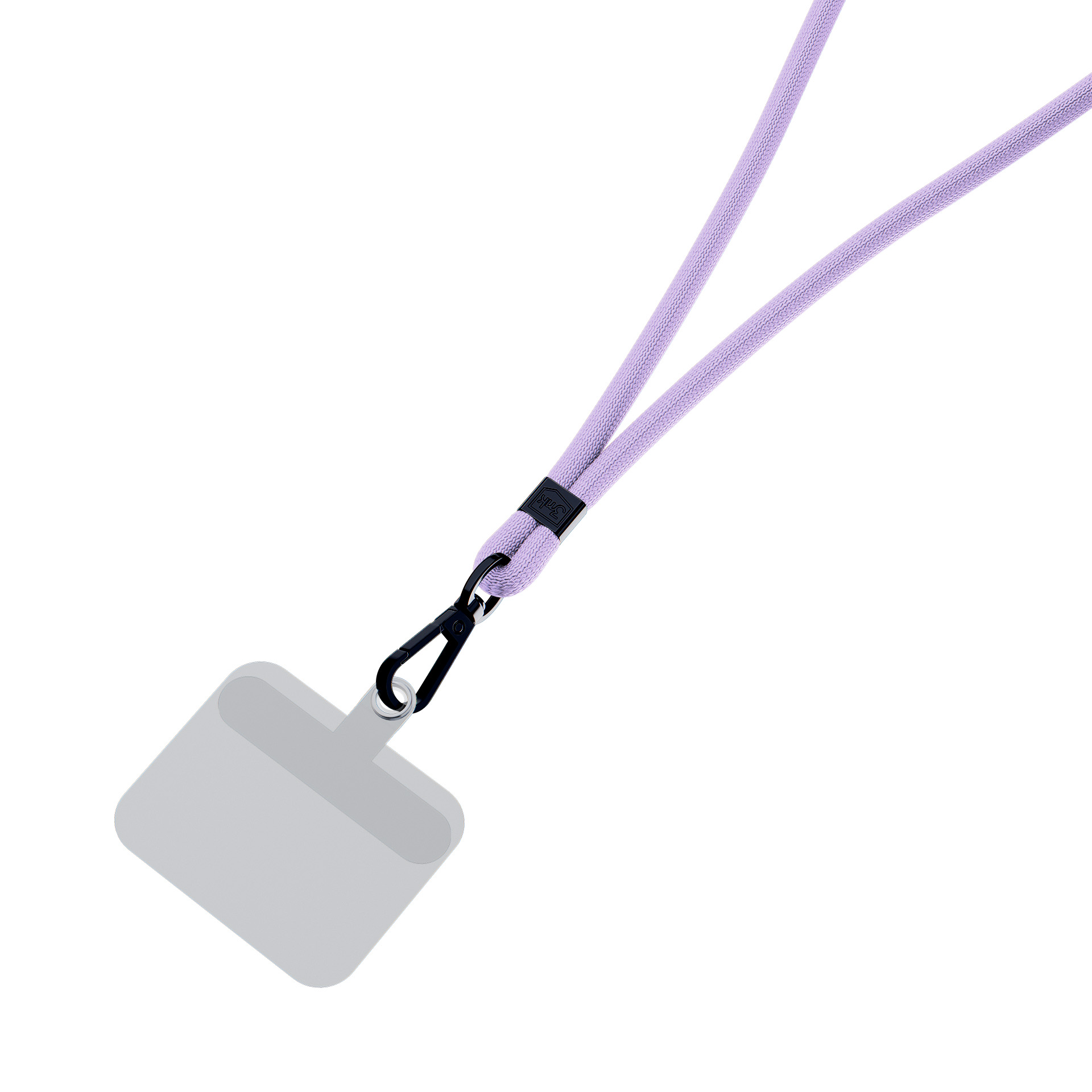 Un cordino per telefono color lavanda con un supporto per telefono grigio e un fermaglio nero. Sfondo bianco.