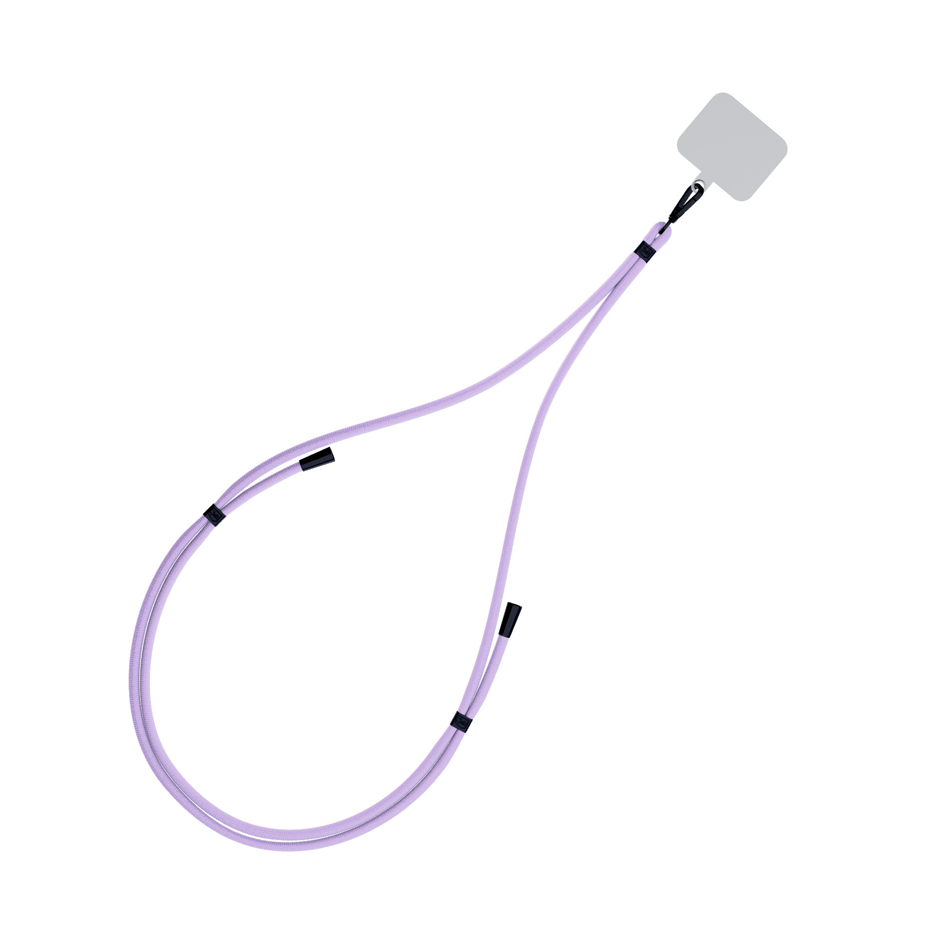 Un cordino per telefono lilla. Ha un supporto grigio per telefono e connettori neri. Lo sfondo è bianco.