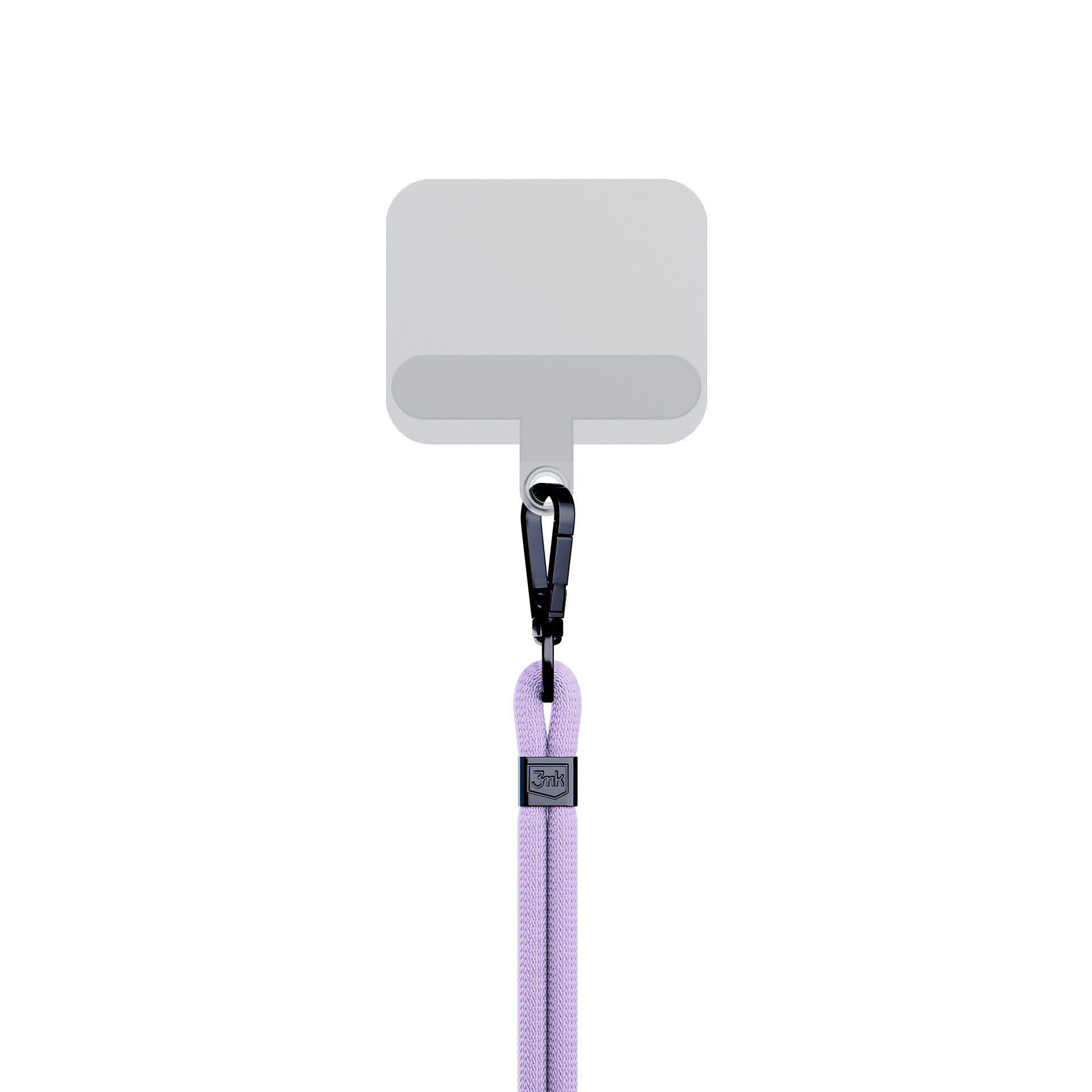 Un supporto per telefono con un cordino viola. Un fermaglio nero collega il cordino al supporto per telefono. Lo sfondo è bianco.