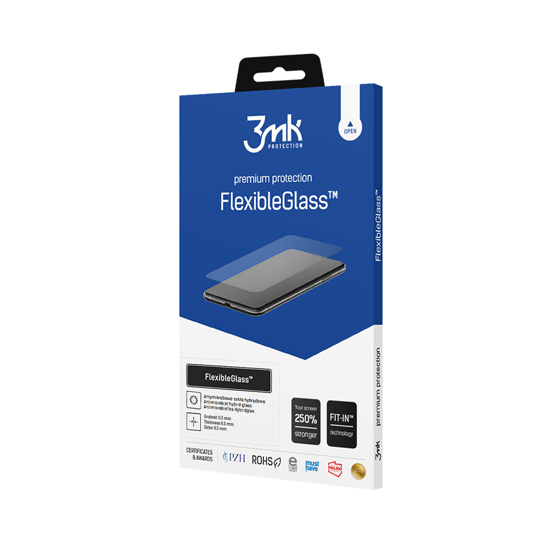 Una scatola di protezione per lo schermo del telefono. Dice FlexibleGlass con sfondo blu e il logo 3mk Protection.