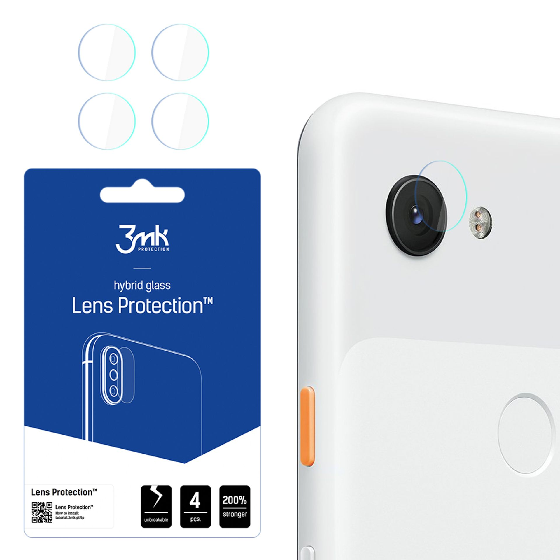 L'immagine mostra un telefono con un kit di protezione dell'obiettivo. Il kit include protezioni e una confezione del prodotto.