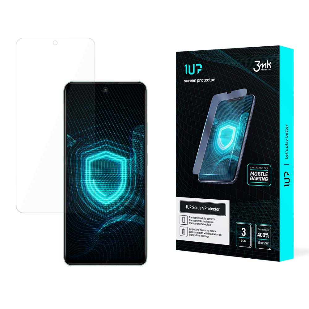 Un telefono con protezione schermo, una protezione di ricambio e una scatola di protezione schermo con dettagli e logo del marchio.