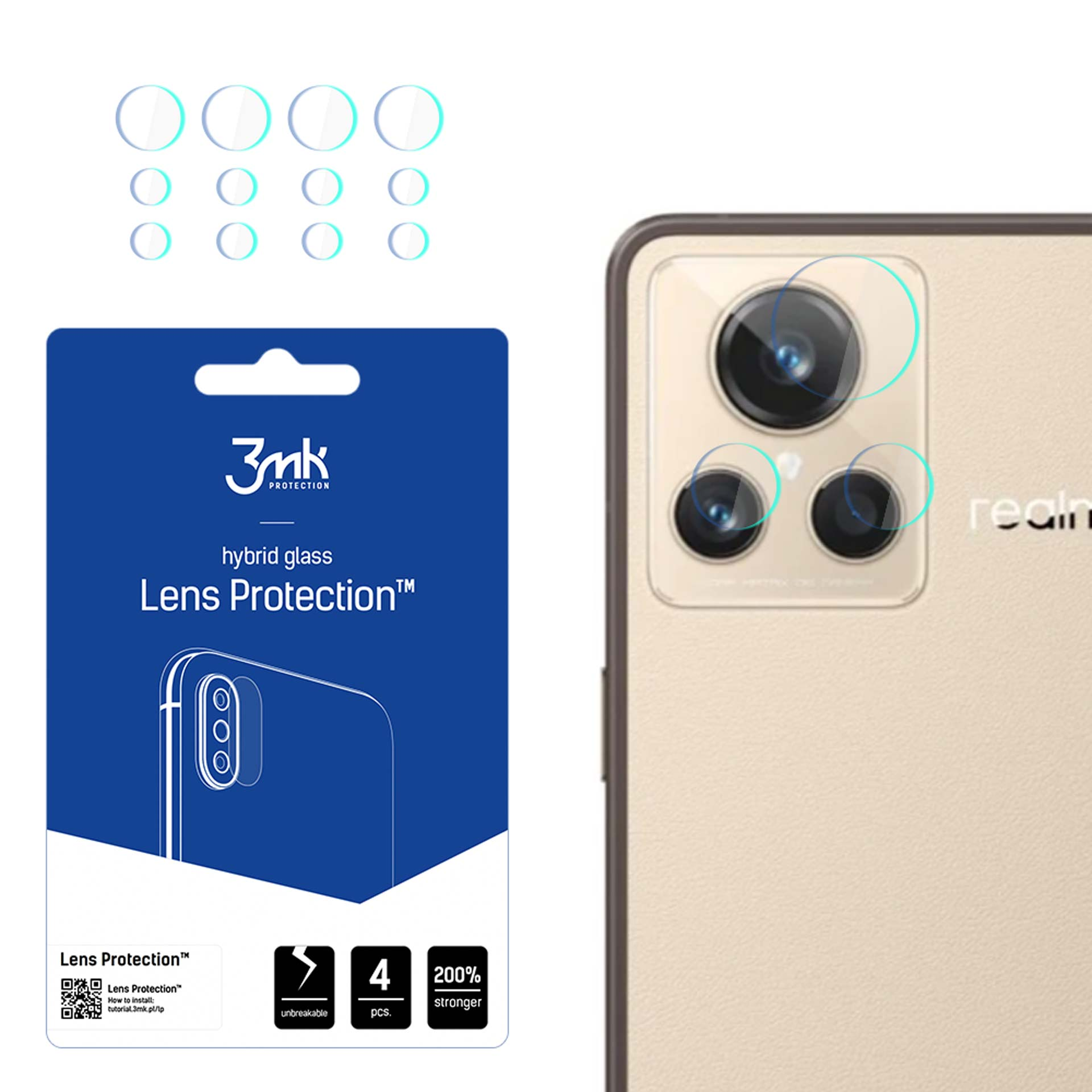 Un telefono e un pacchetto di protezione dell'obiettivo. Il telefono ha tre obiettivi della fotocamera. Il pacchetto mostra il protettore.