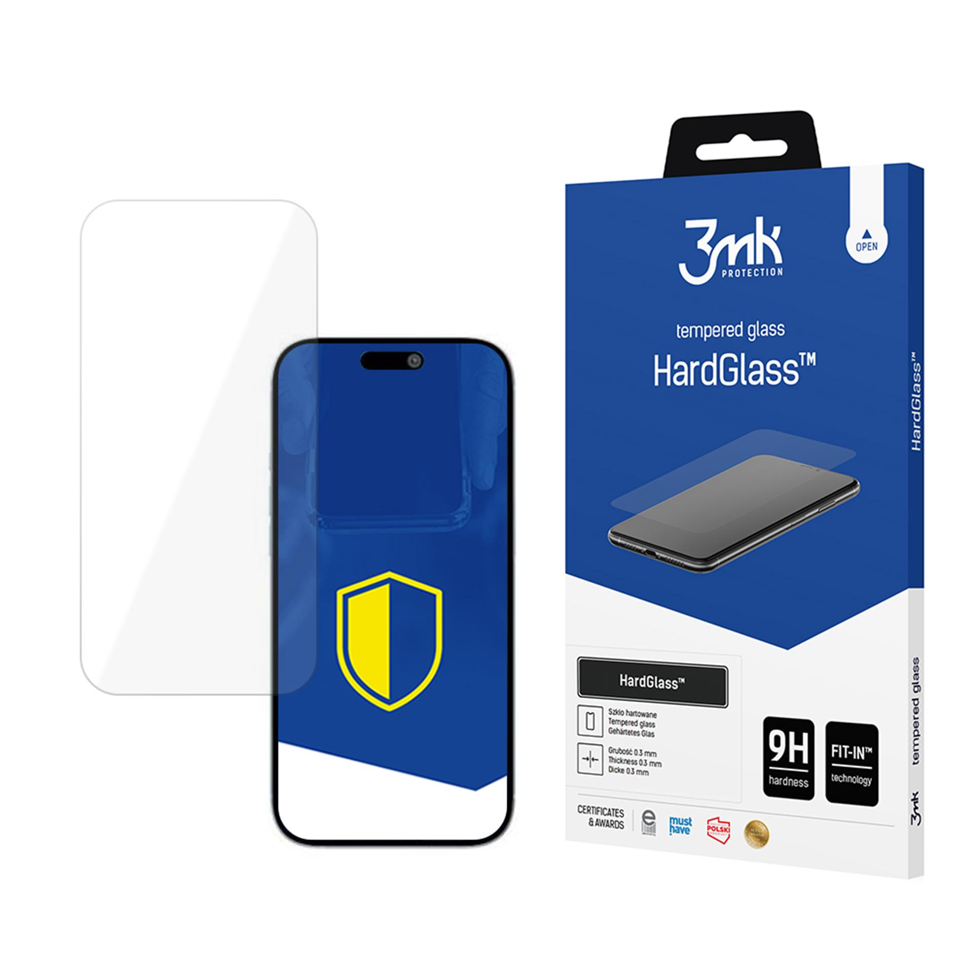 Una scatola di protezione dello schermo del telefono e un telefono. La scatola è blu e bianca, con il marchio HardGlass.