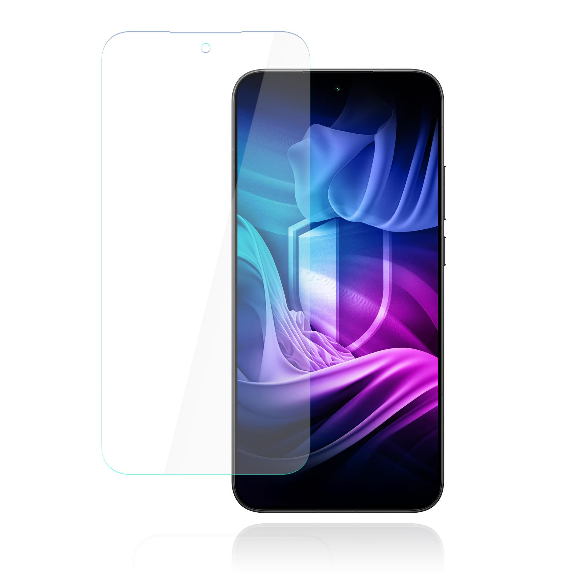 Smartfon z ochraniaczem ekranu. Ekran pokazuje kolorowy abstrakcyjny wzór. Białe tło.