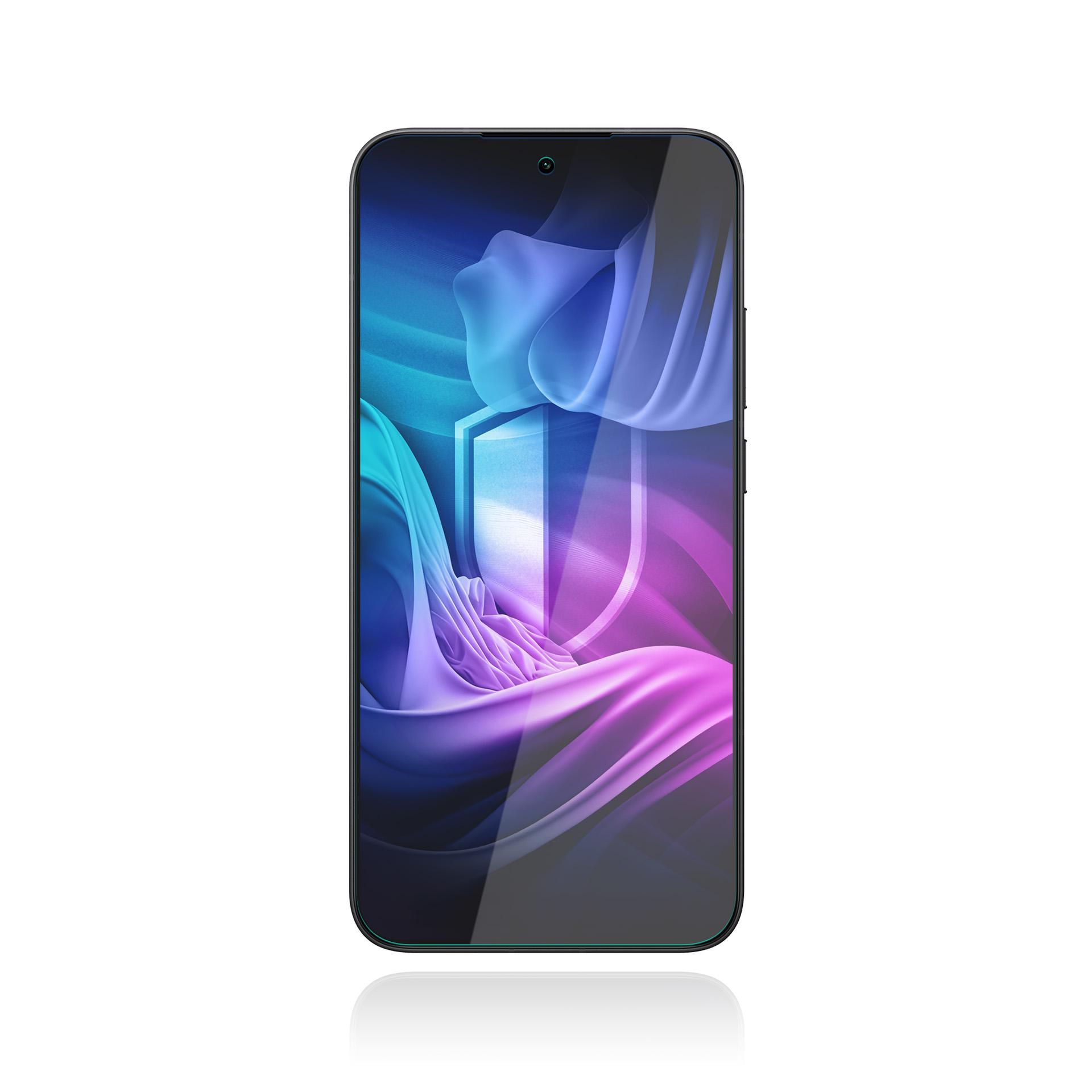 Smartfon z kolorowym abstrakcyjnym tłem. Telefon jest na środku, na białym tle.