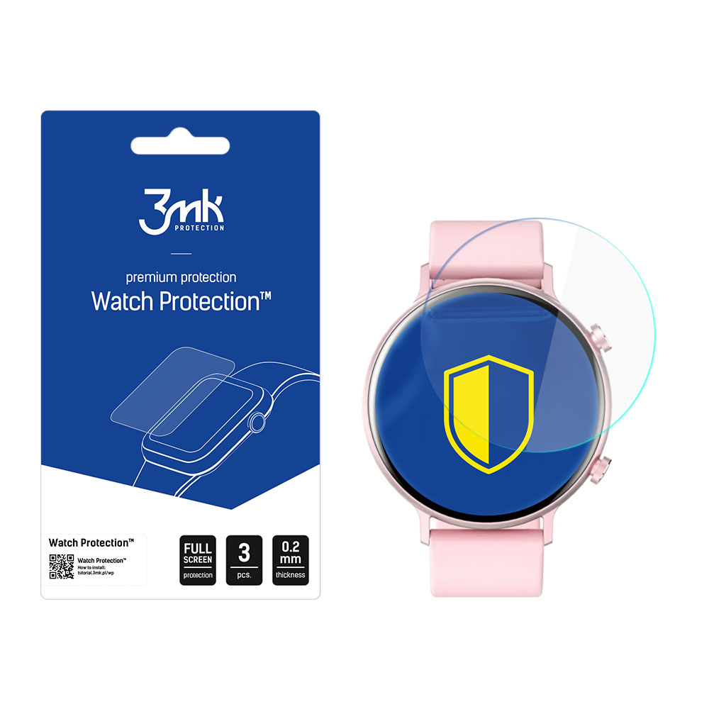 Uno smartwatch rosa con protezione schermo, confezione blu con testo 'Watch Protection' e logo scudo sullo schermo.