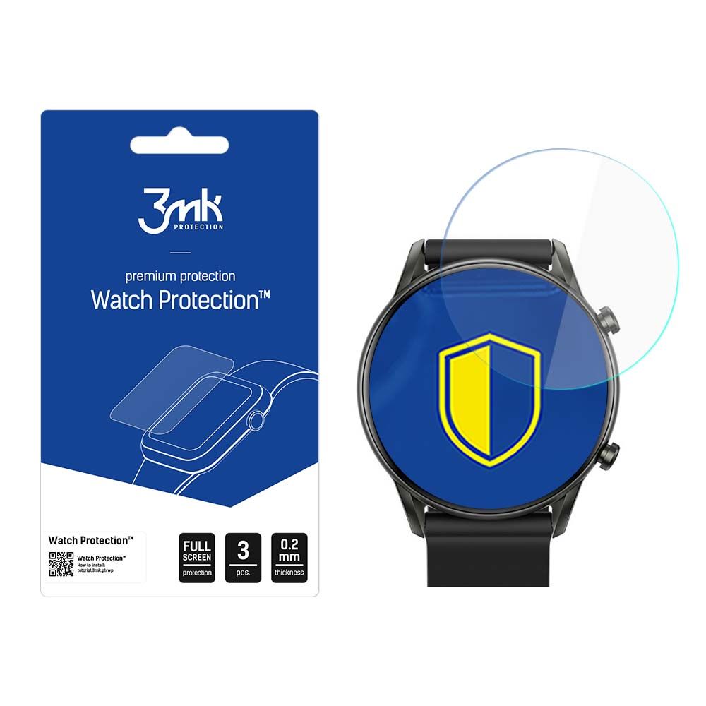 Un prodotto di protezione dello schermo dell'orologio viene mostrato con uno smartwatch. La confezione mostra il prodotto e le sue caratteristiche. L'orologio ha uno scudo blu.
