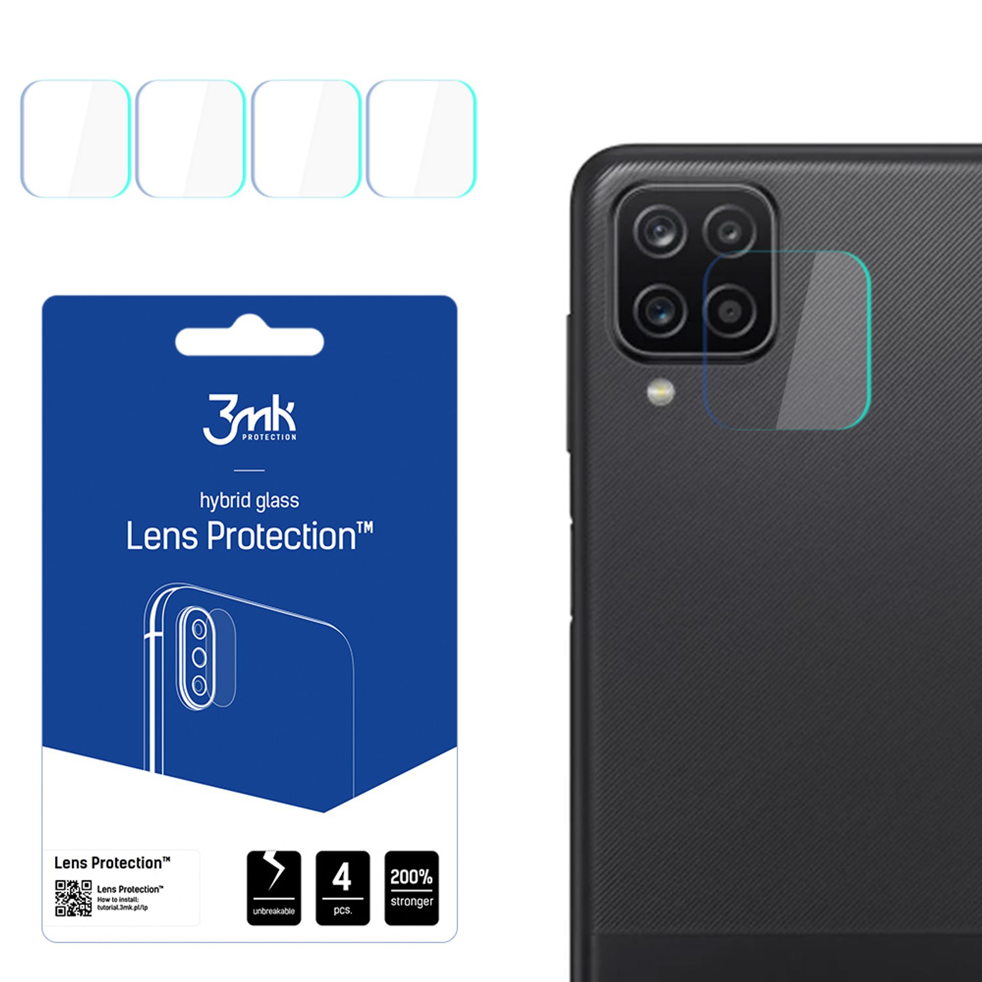 Un kit di protezione dell'obiettivo del telefono con il retro del telefono sullo sfondo. I proteggi obiettivo sono in alto a sinistra.