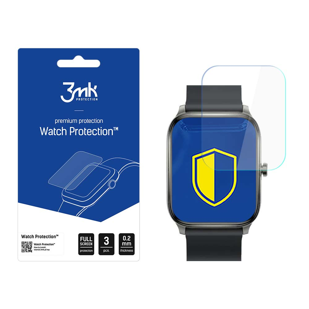 Uno smartwatch con protezione schermo e confezione. La confezione presenta il logo del marchio, il nome del prodotto e le specifiche.