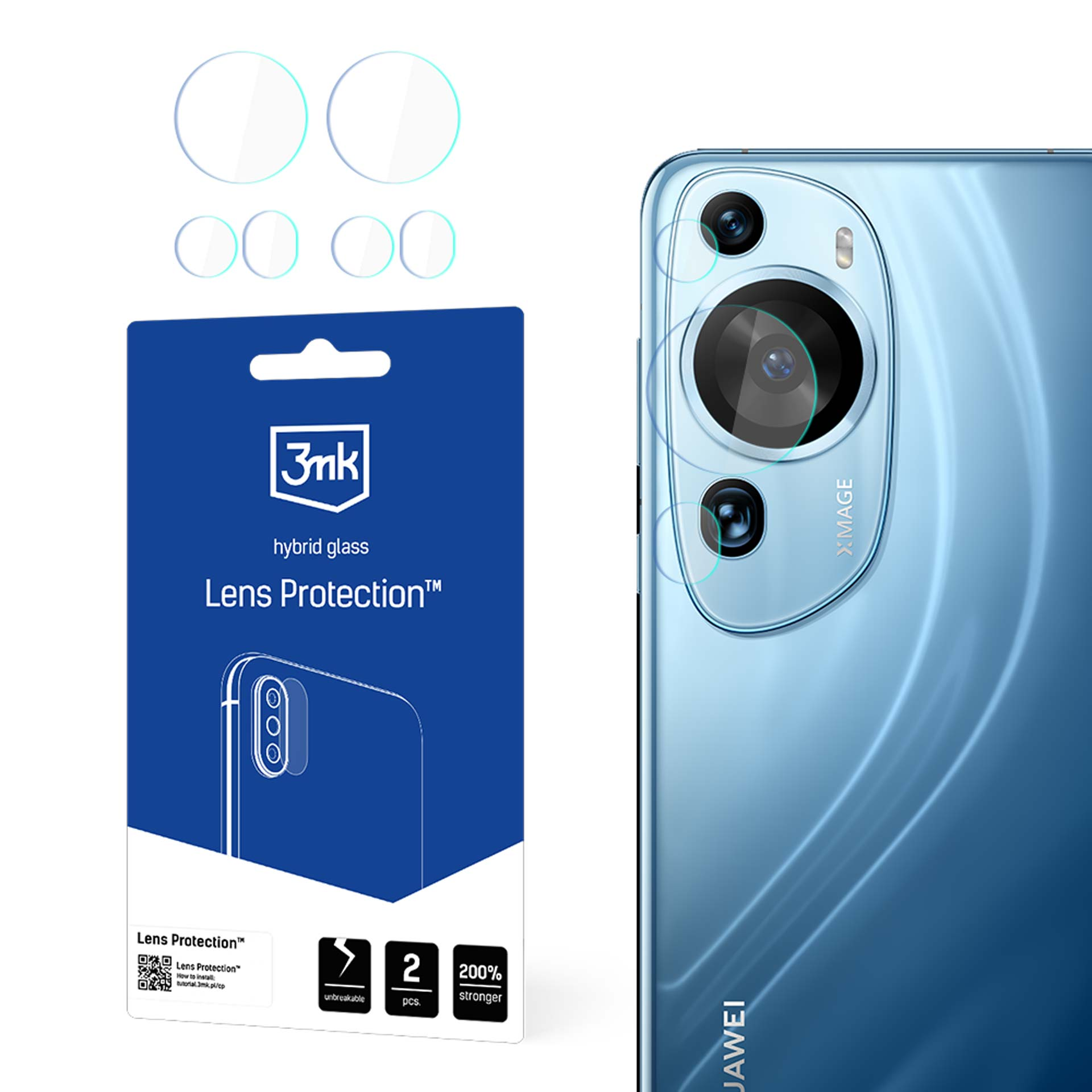 L'immagine mostra protezioni per lenti del telefono, un telefono e una confezione del prodotto. Le protezioni per lenti sono circolari. La confezione è blu.