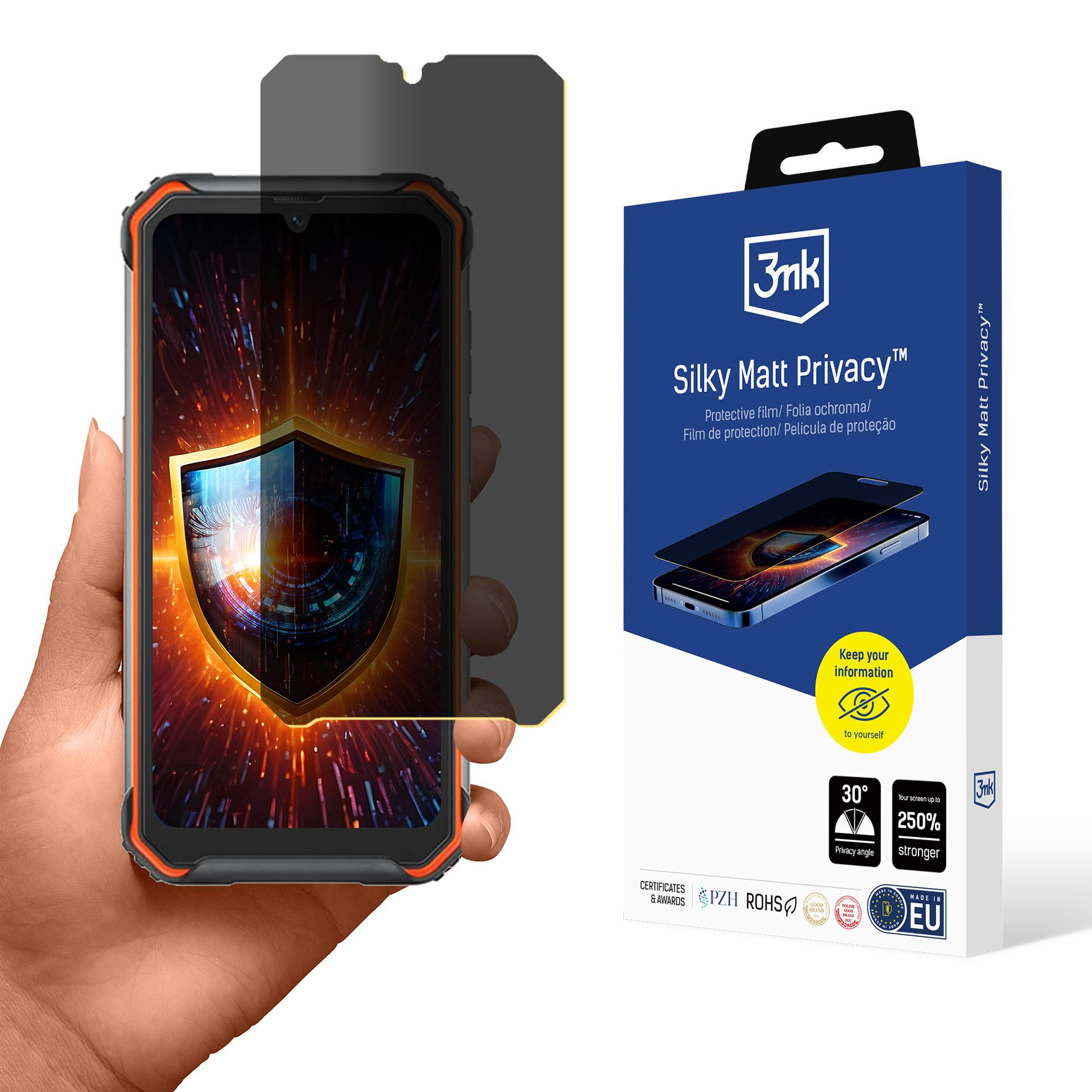 Mano che tiene un telefono con schermo privacy, accanto a una scatola del prodotto. Lo schermo mostra un design a scudo.