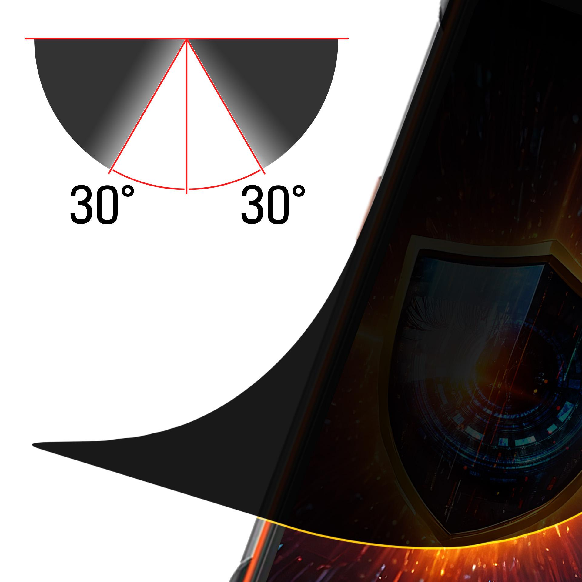 Un'illustrazione presenta una forma curva nera, linee rosse e i numeri 30°. Lo sfondo mostra lo schermo di un dispositivo.