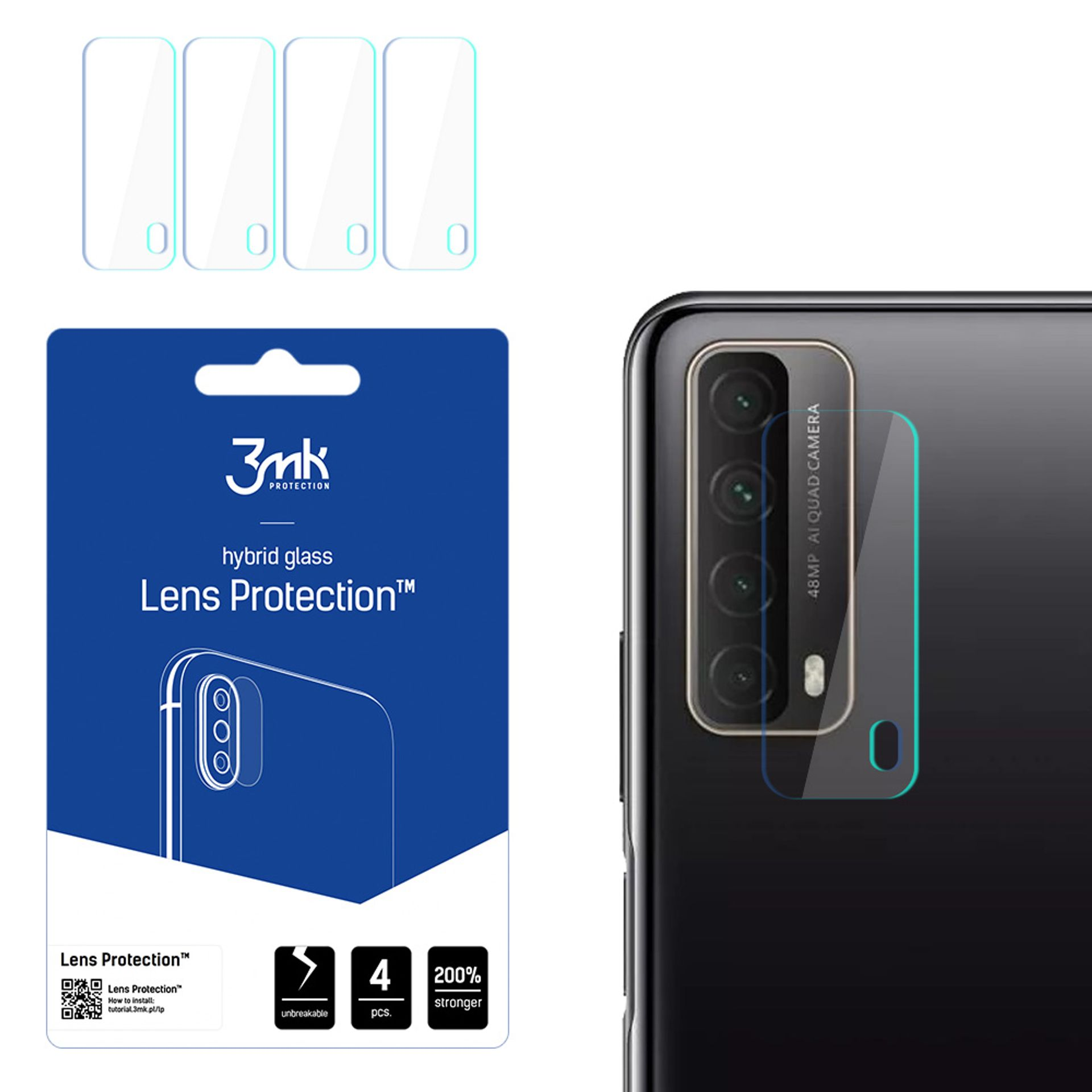 L'immagine mostra protezioni per lenti del telefono, confezione e fotocamera del telefono. La protezione è applicata sul telefono. Testo: Protezione lenti.