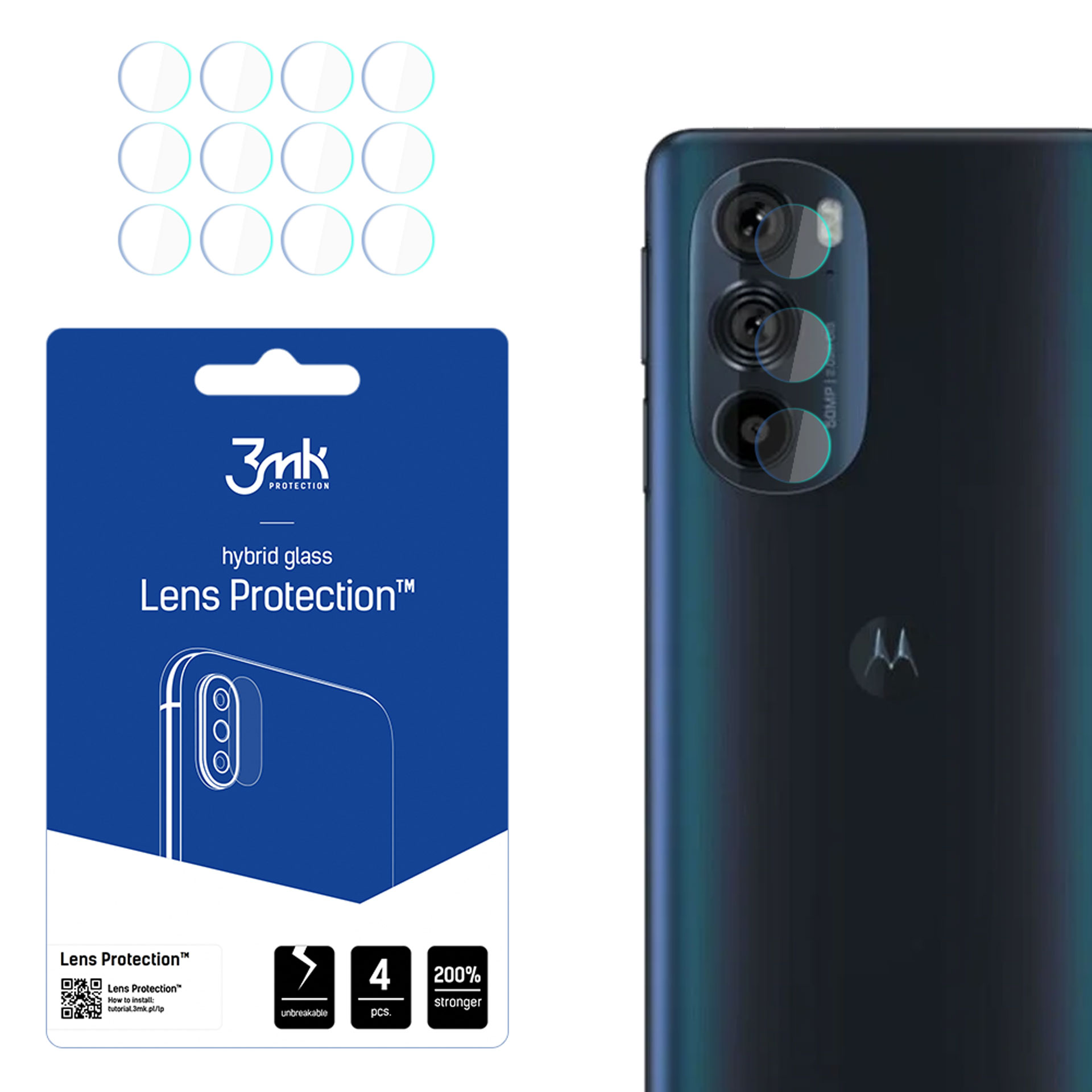 Un telefono e protezioni per lenti. La confezione è blu con testo e immagini bianche e le protezioni sono sul telefono.