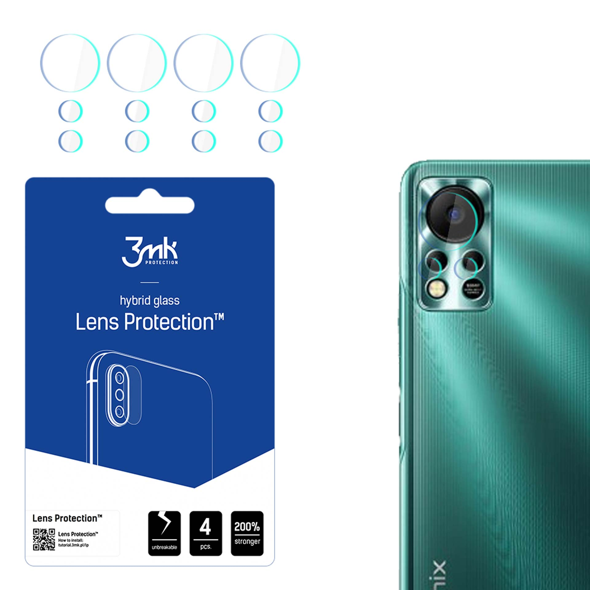 Vengono visualizzati un telefono e protezioni per lenti. Il telefono è verde acqua. Le protezioni sono trasparenti.