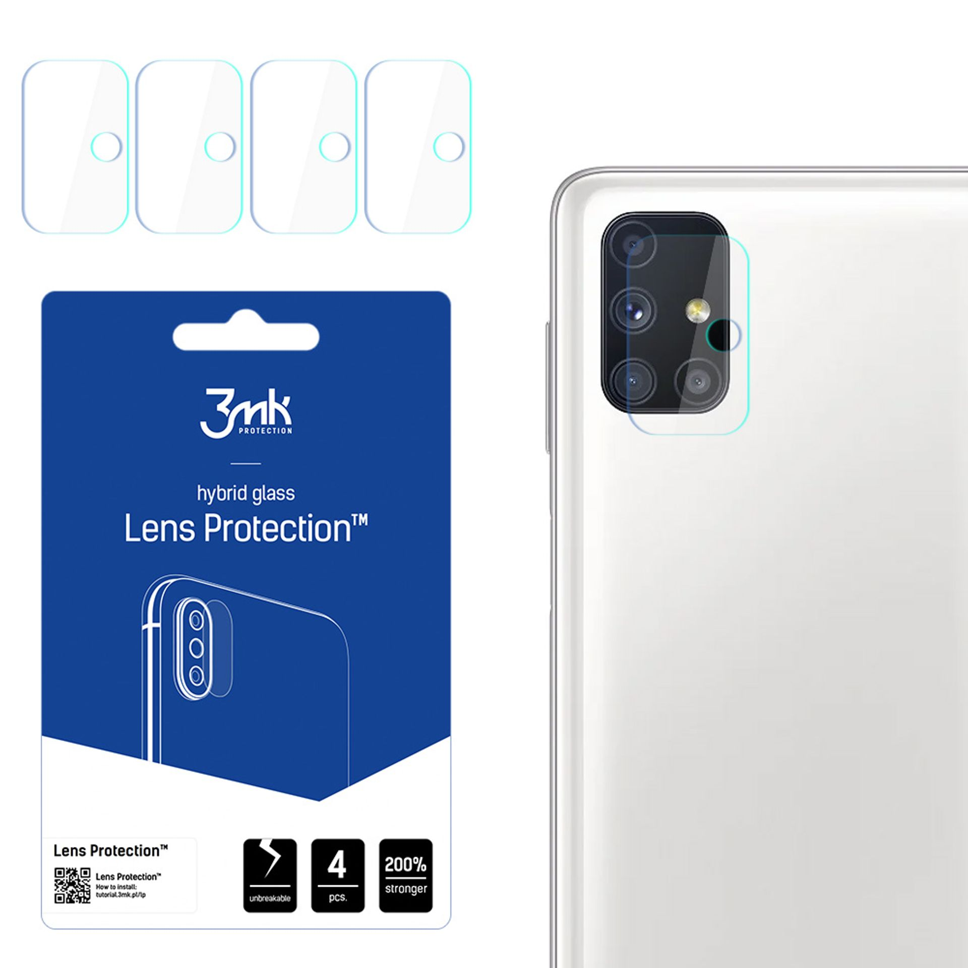 Un proteggi obiettivo per telefono e un telefono, con pezzi di vetro protettivi. La confezione indica infrangibile e più forte del 200%.