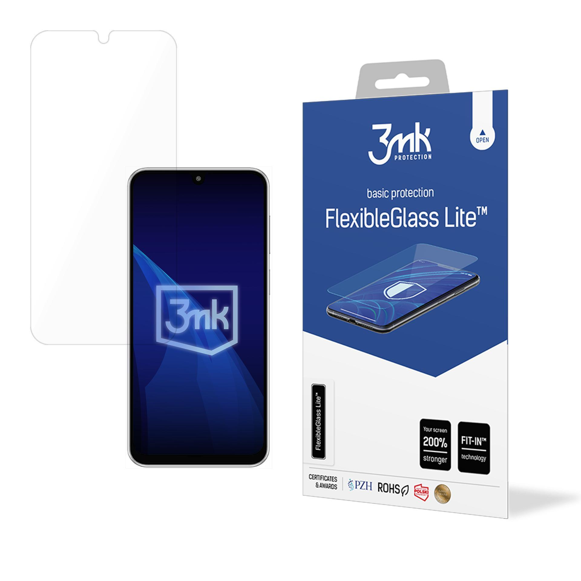 Un proteggi schermo, uno smartphone e una scatola prodotto con le scritte 'FlexibleGlass Lite' e '3mk Protection'.