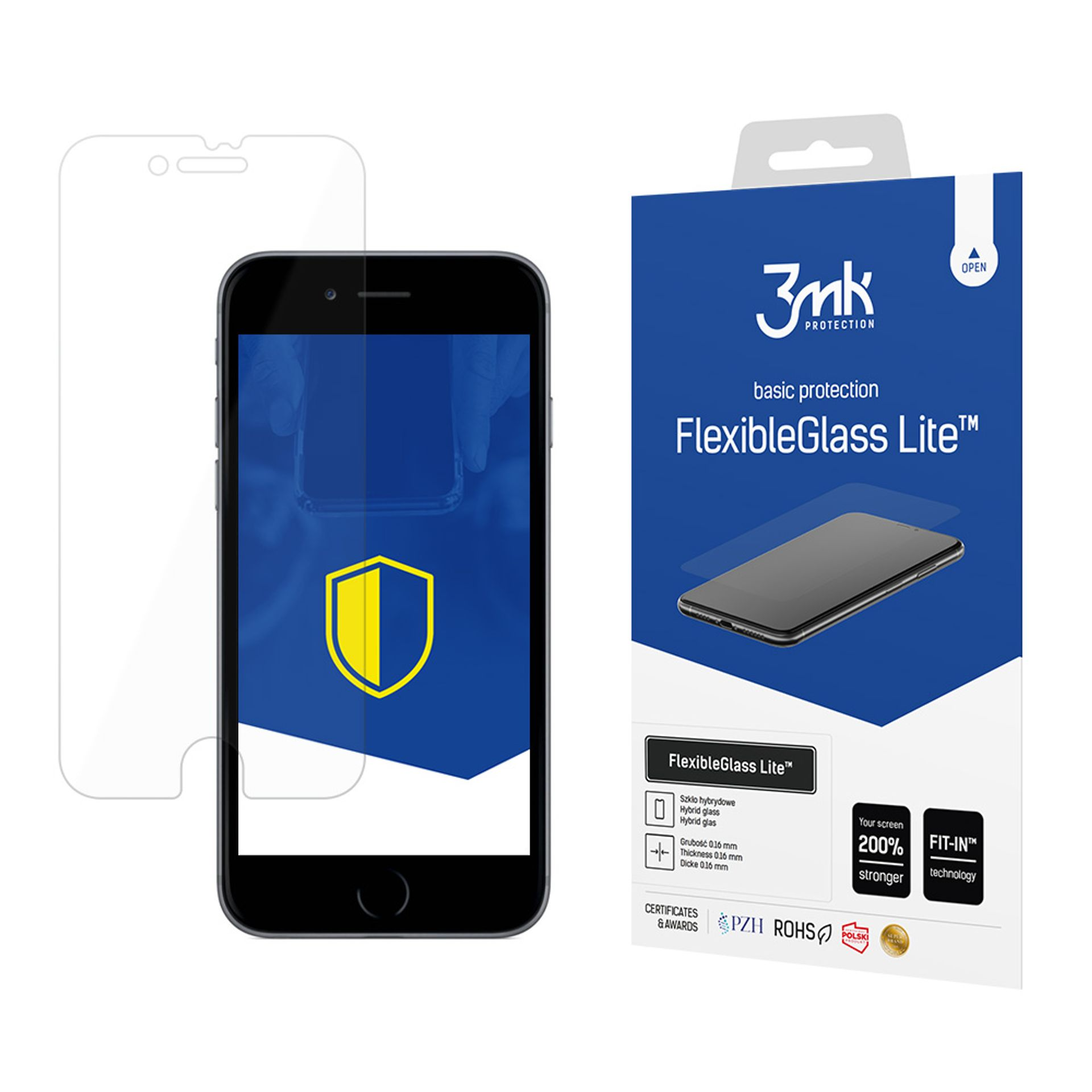 Vengono mostrati un telefono e una scatola di protezione dello schermo. La scatola è blu con testo bianco, il telefono mostra uno scudo giallo.