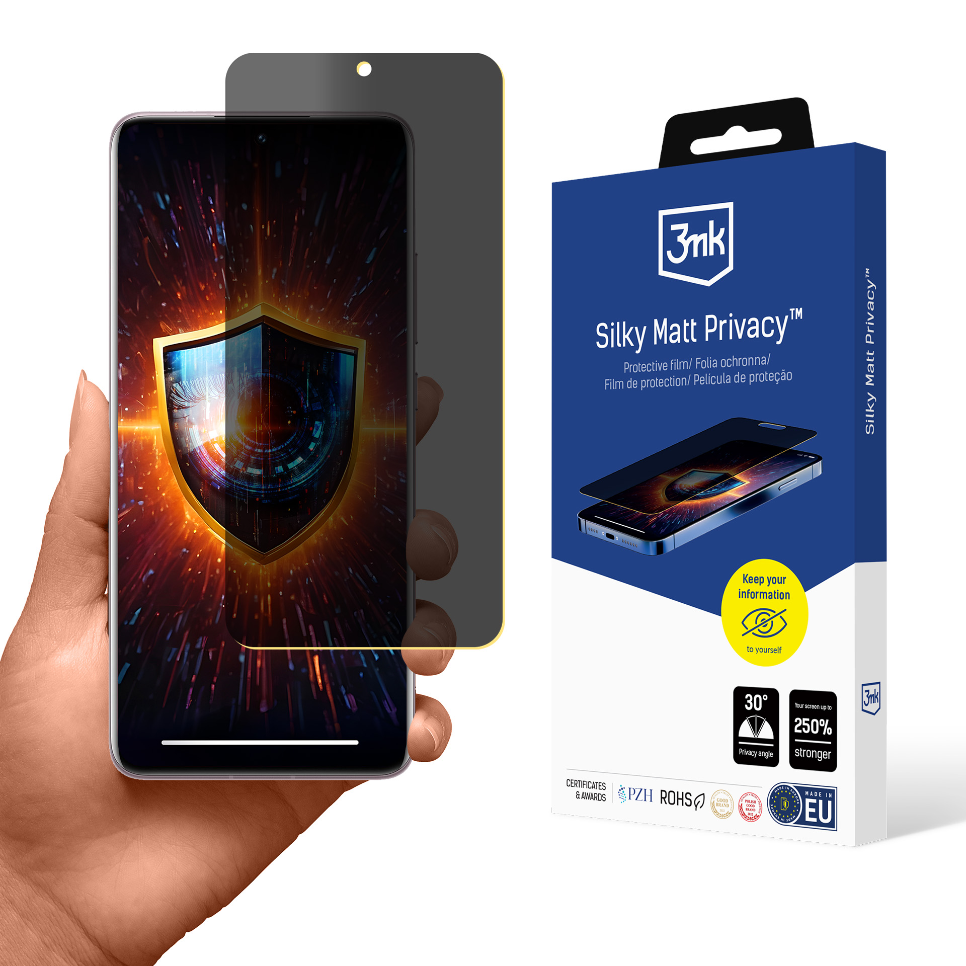 Mano che tiene un telefono con schermo privacy, una scatola dello stesso prodotto a destra. Logo scudo sullo schermo.