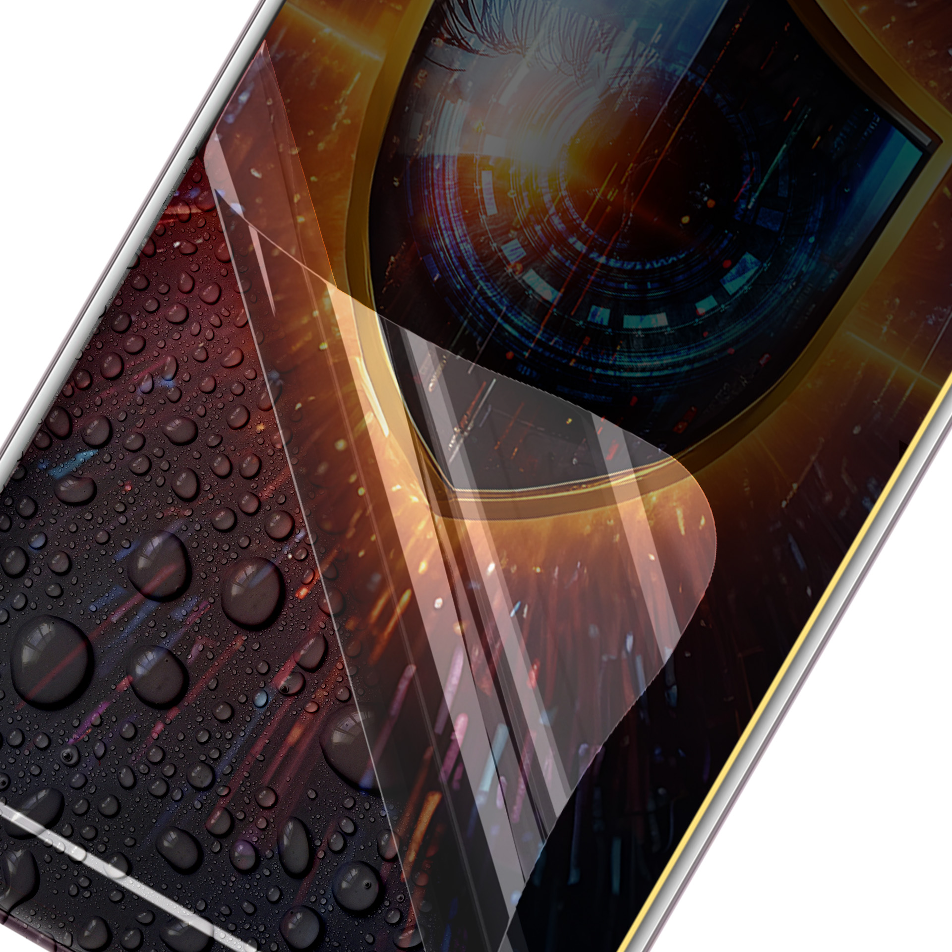Primo piano di uno schermo di telefono con gocce d'acqua. Ha una protezione per lo schermo. Lo sfondo presenta un'illustrazione tecnologica.