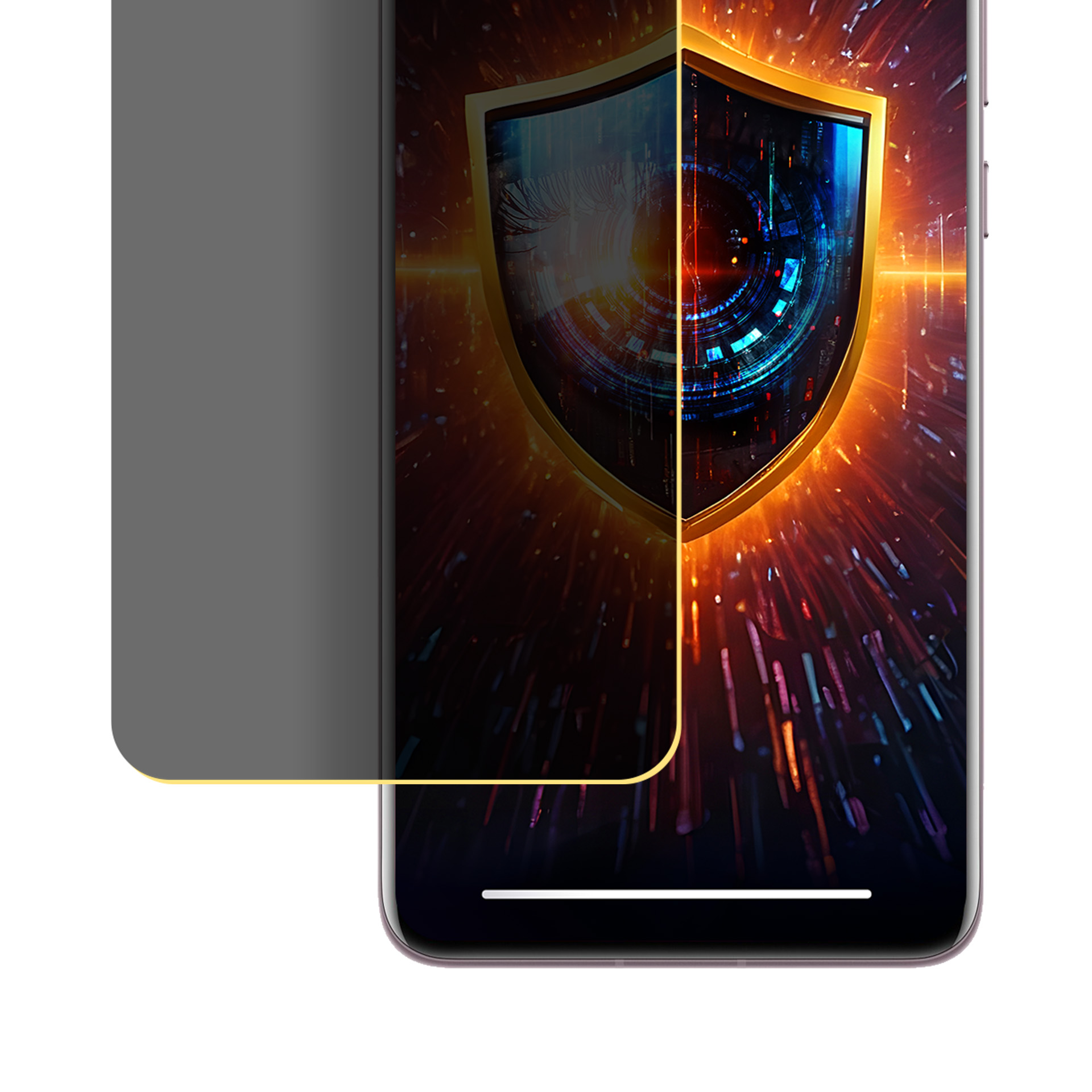 Smartphone con protezione schermo. Lo schermo mostra uno scudo con un occhio e motivi digitali su sfondo rosso.