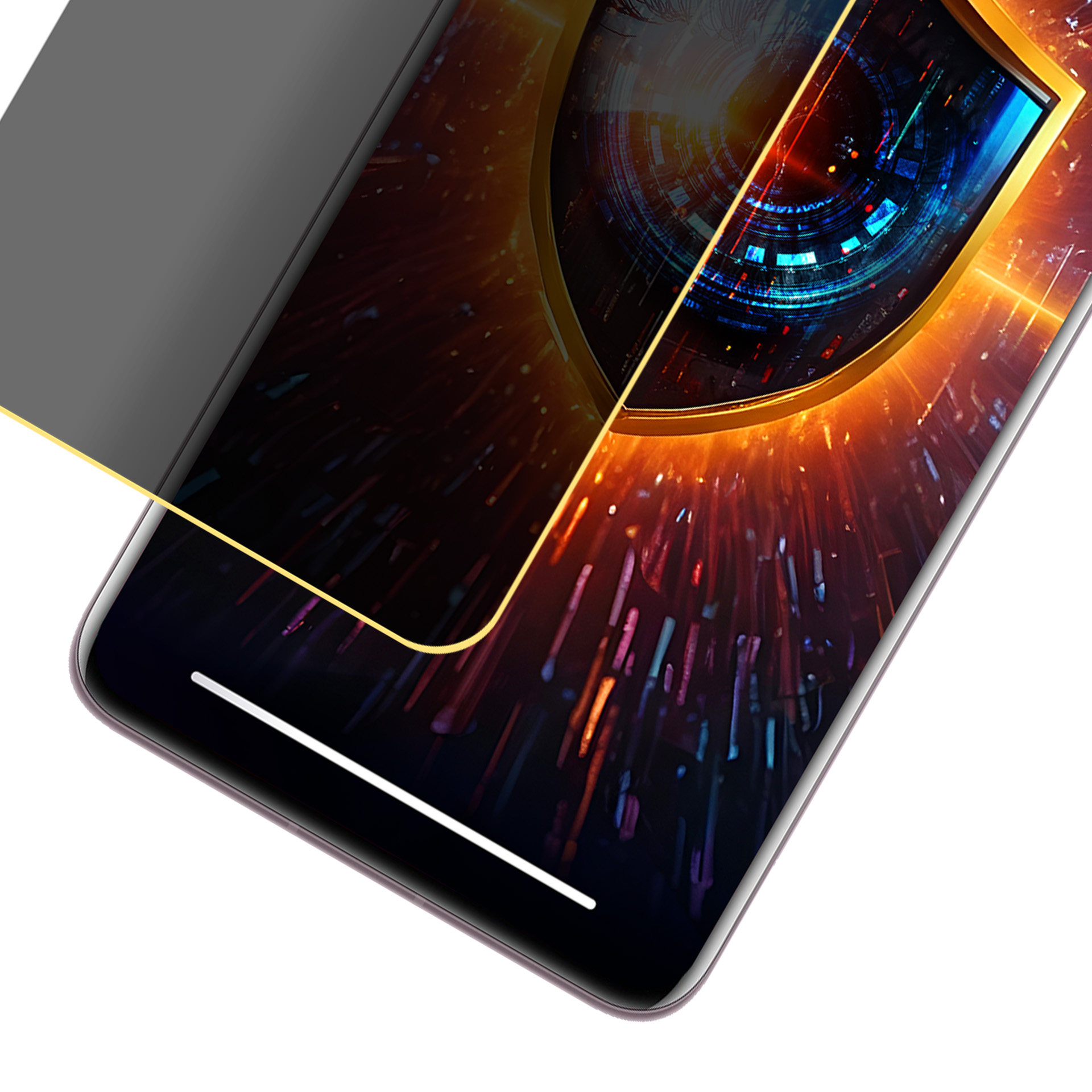 Schermo di smartphone con cornice dorata che mostra un design digitale a occhio. Uno schermo per la privacy copre parzialmente il display.
