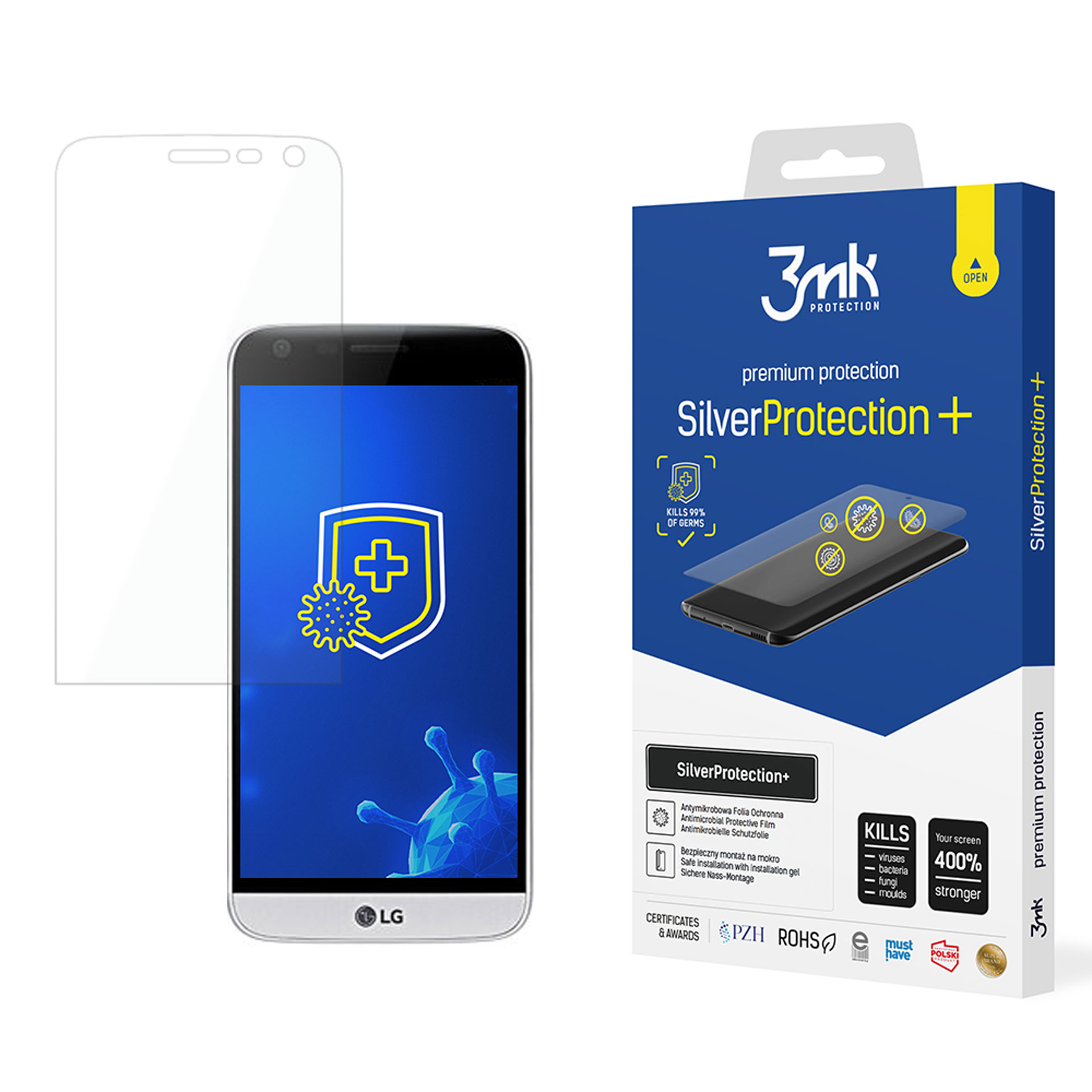 Un telefono con una protezione per lo schermo accanto alla sua scatola, che ha uno sfondo blu e il marchio.