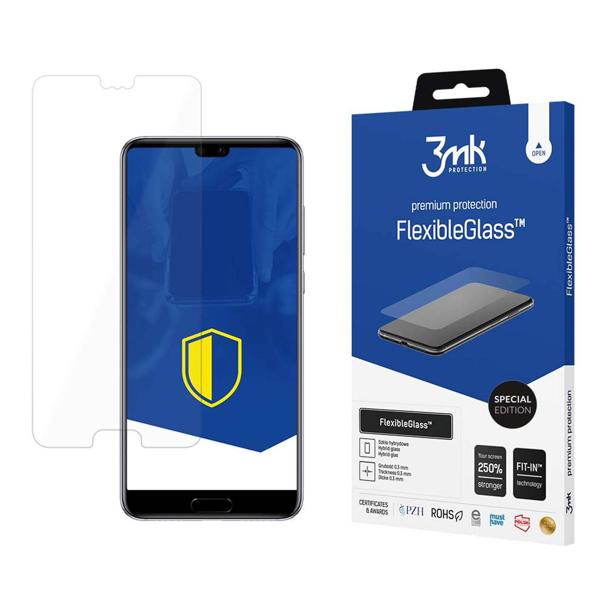 Un telefono con una protezione per lo schermo accanto alla scatola. La scatola pubblicizza FlexibleGlass, una protezione per lo schermo.