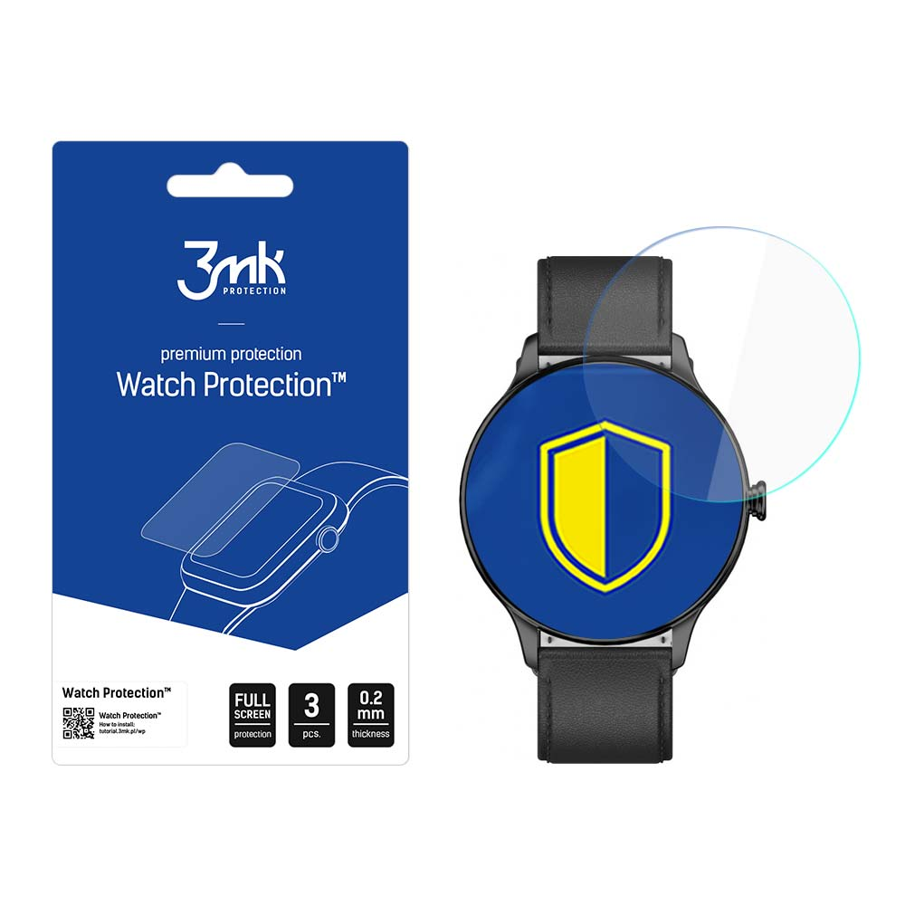 L'immagine mostra la confezione di un proteggi schermo per orologi e uno smartwatch. Il proteggi schermo ha un'icona a scudo e la confezione, i dettagli del prodotto.