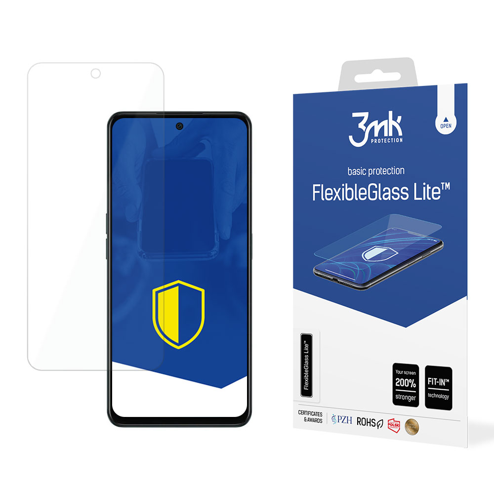 Un proteggi schermo e un telefono a sinistra. A destra, una scatola blu con il nome del prodotto.